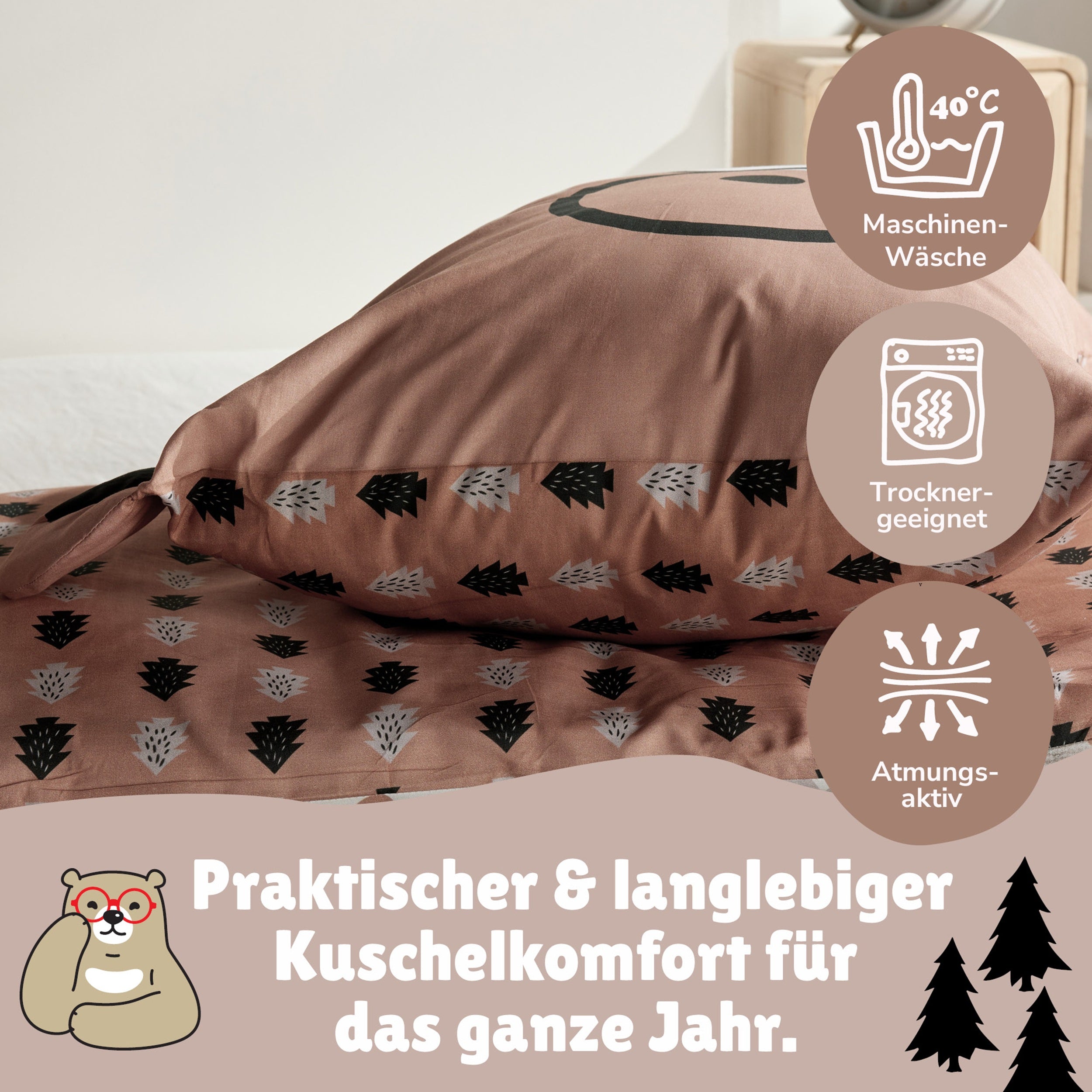 Infotafel Pflege Maschinenwäsche und Trocknergeeignet und Reißverschluss an der Bettwäsche