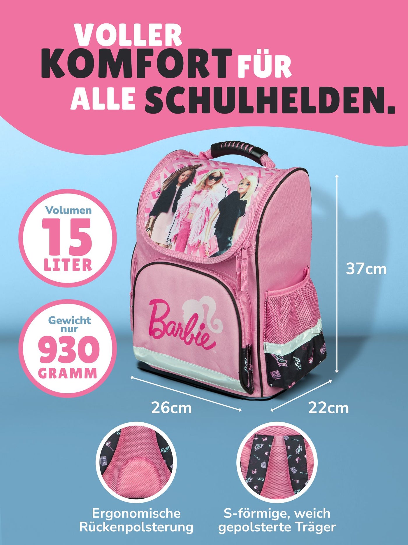 Ansicht Schulranzen Frontal mit Infos zu Volumen 15, Gewicht 930 Gramm und gepolstertem Rückenbett