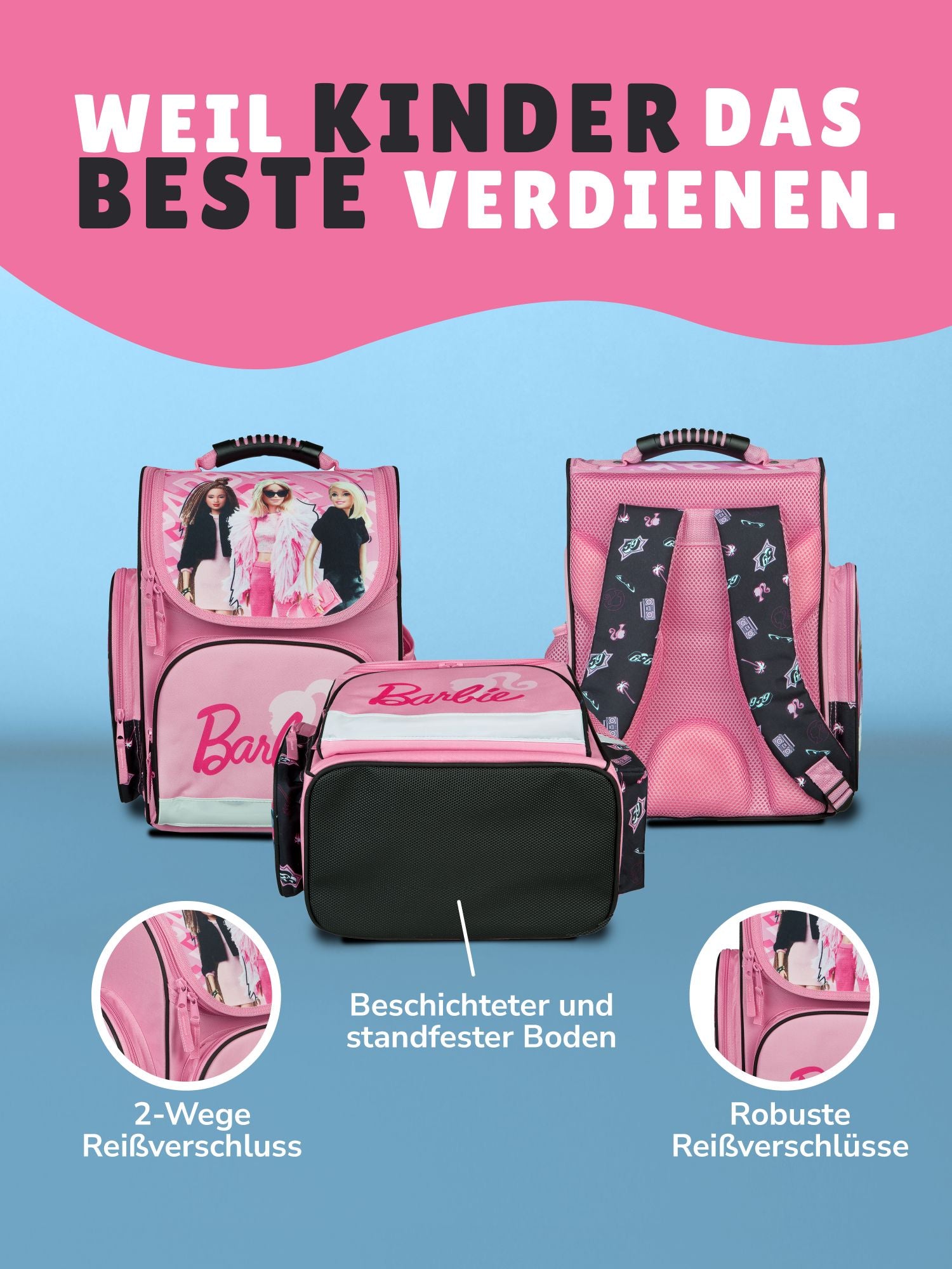 3er Ansicht Schulranzen Front- Rück- und Unterseite - Info zum Reißverschluss am Hauptfach und wasserabweisendem Boden