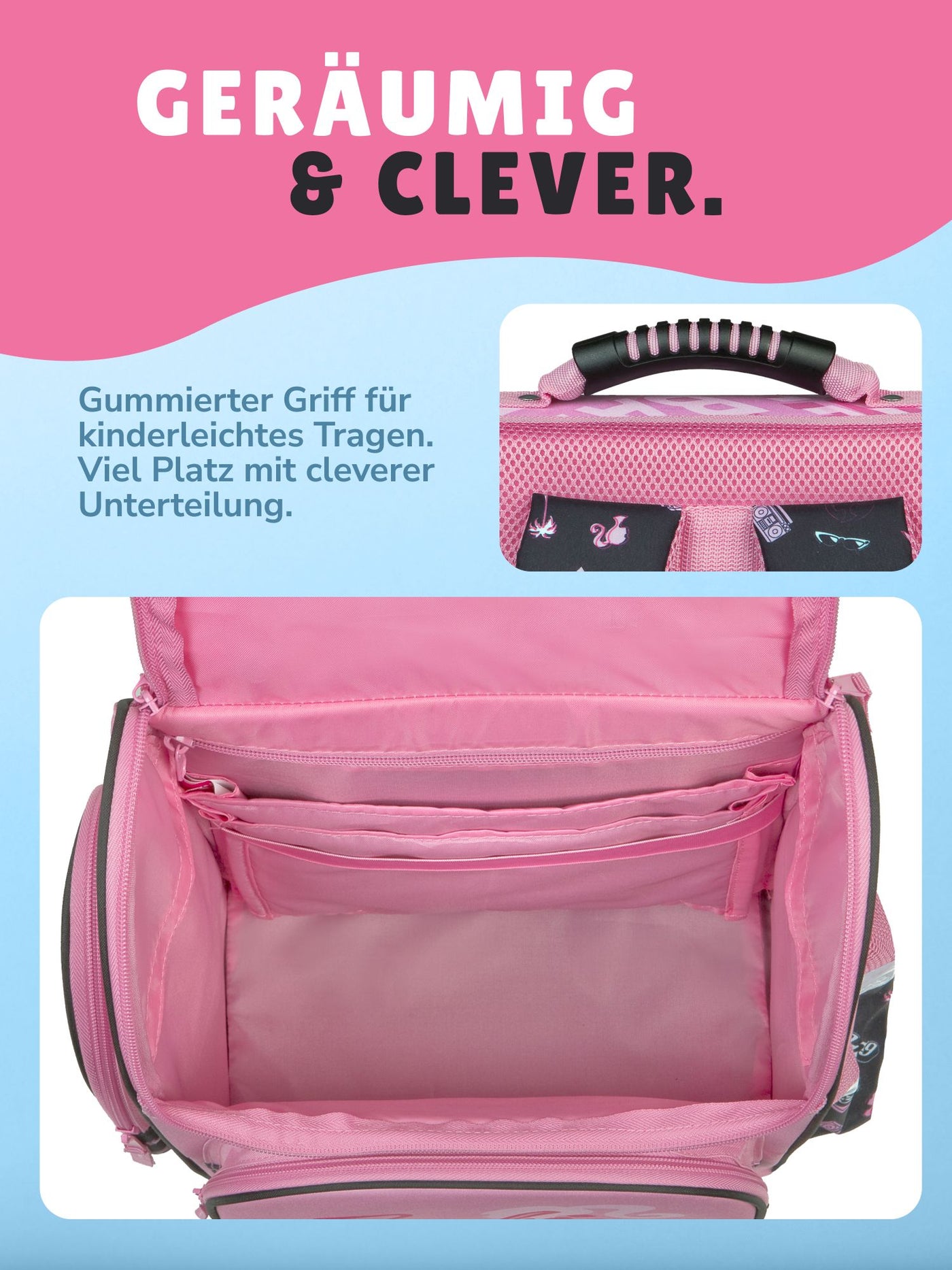 Innenansicht Schulranzen mit rosa Futter und Organizer Unterteilung + Detailaufnahme gummierter Tragegriff