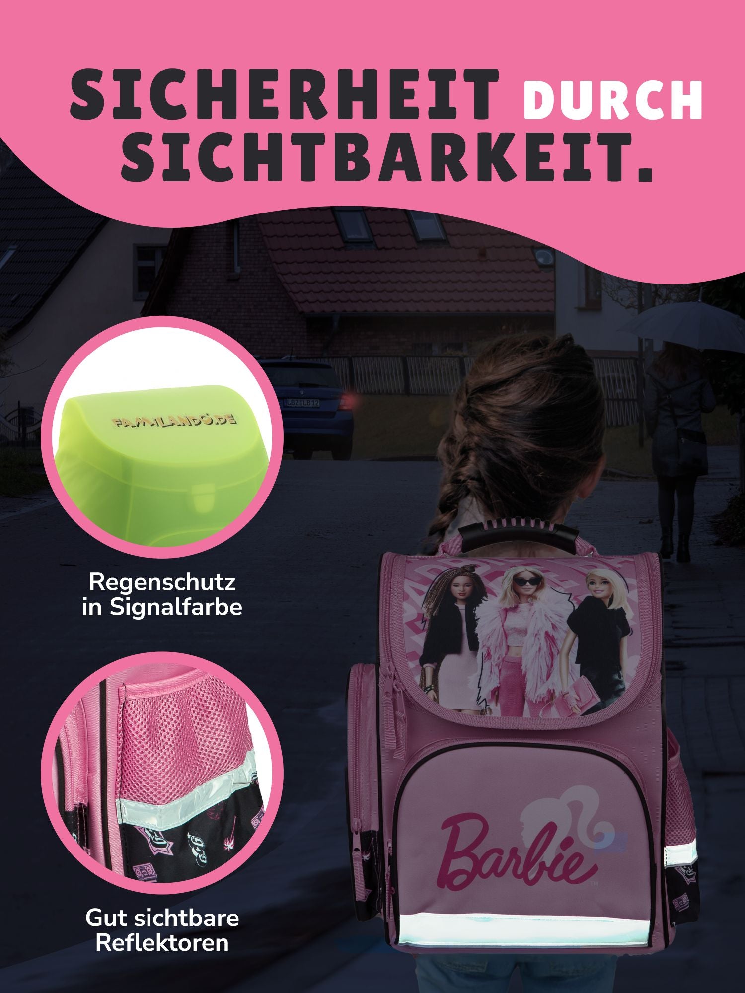 Mädchen steht im Dunkeln - zu sehen sind die Reflektoren des Schulranzens