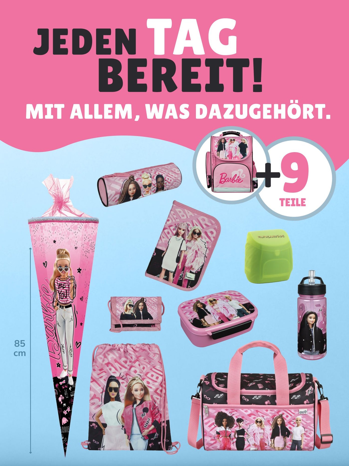 Mädchen Schulranzen mit rosa Barbie Frontansicht linke Seite mit Reißverschluss Tasche
