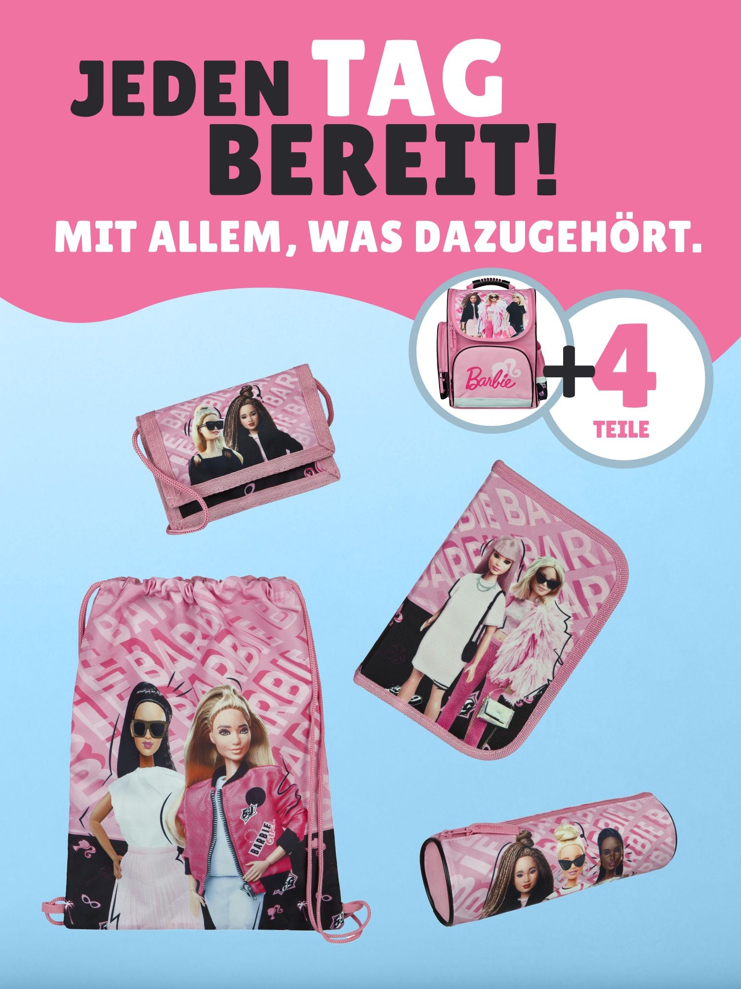 Mädchen Schulranzen 5-teiliges Grundset mit Federmappe, Turnbeutel, Geldbeutel und Schlamperetui 