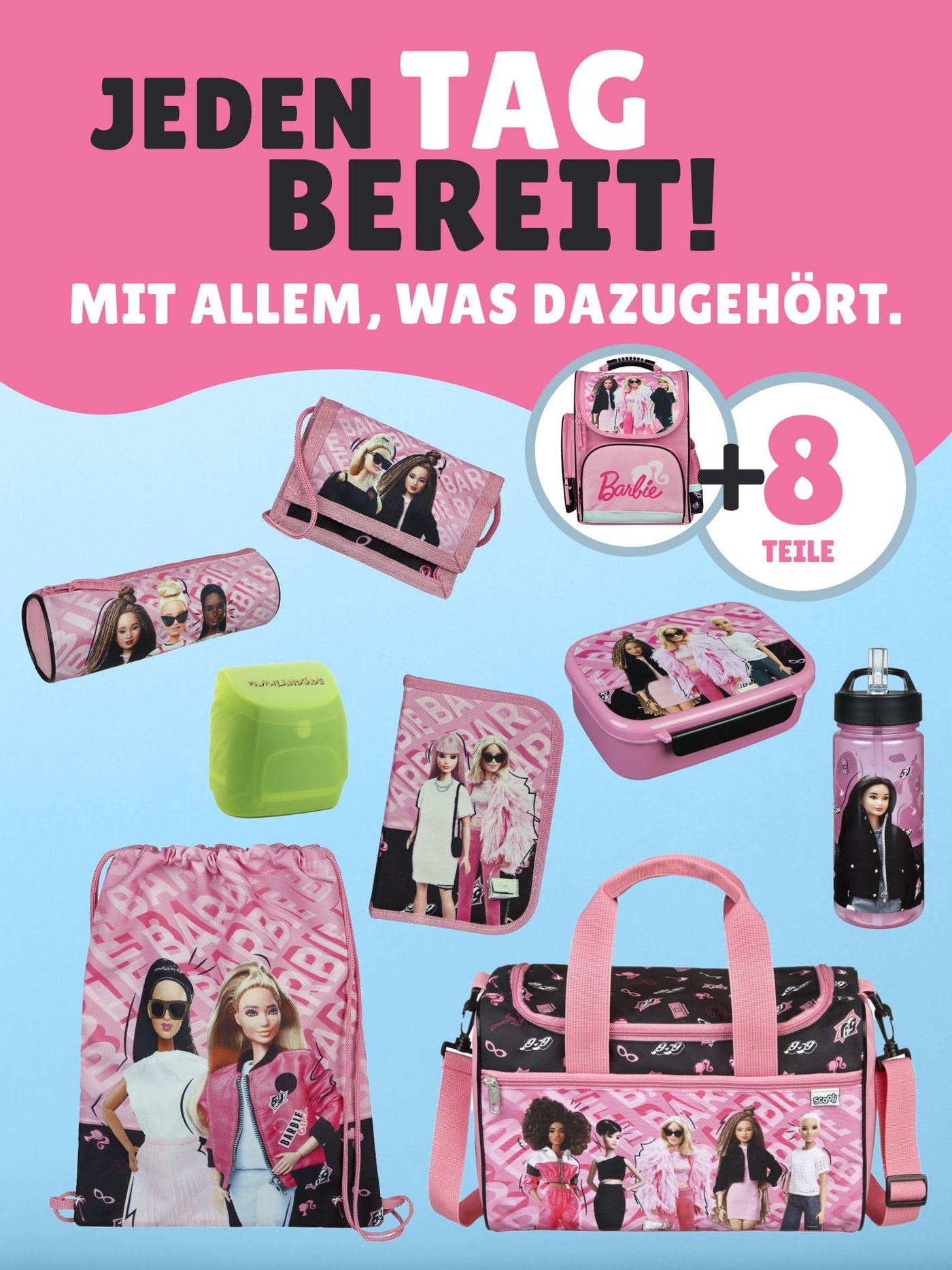 Mädchen Schulranzen mit rosa Barbie Frontansicht linke Seite mit Reißverschluss Tasche