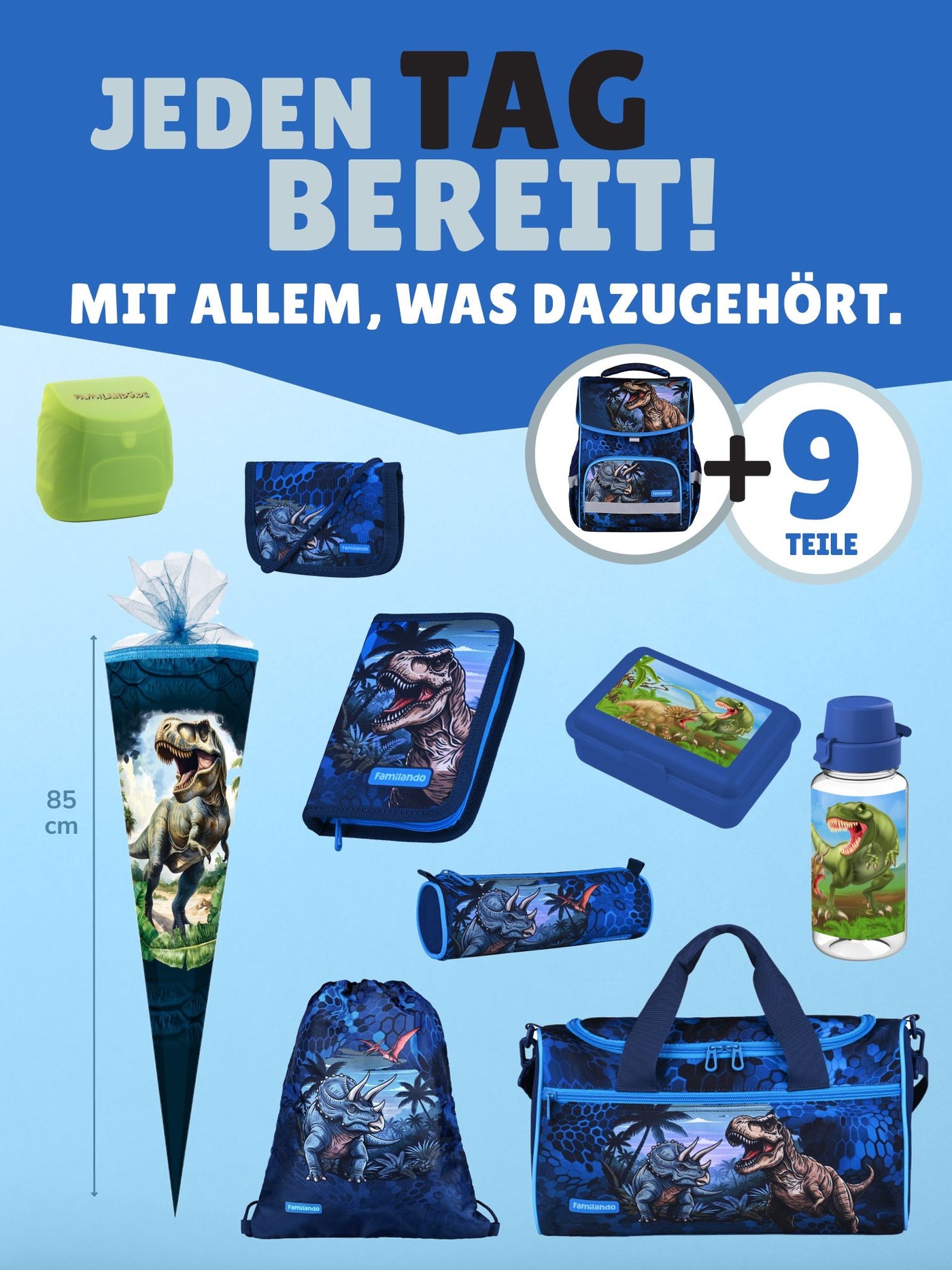 Familando Schulranzen-Set 10-teilig BASIC-PLUS Schultasche T-REX DINO ab der 1. Klasse