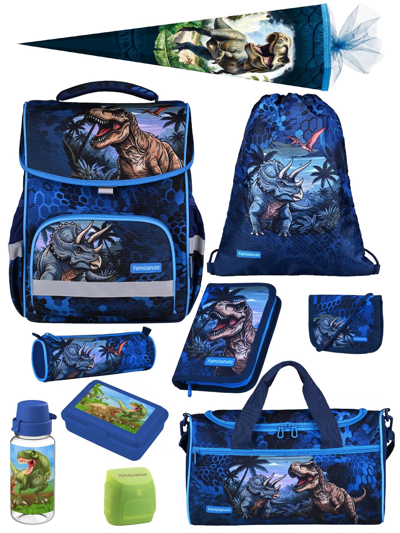 Familando Basic-Plus Schulranzen-Set Dino, T-Rex blau - Dinosaurier Schultasche ab 1. Klasse
