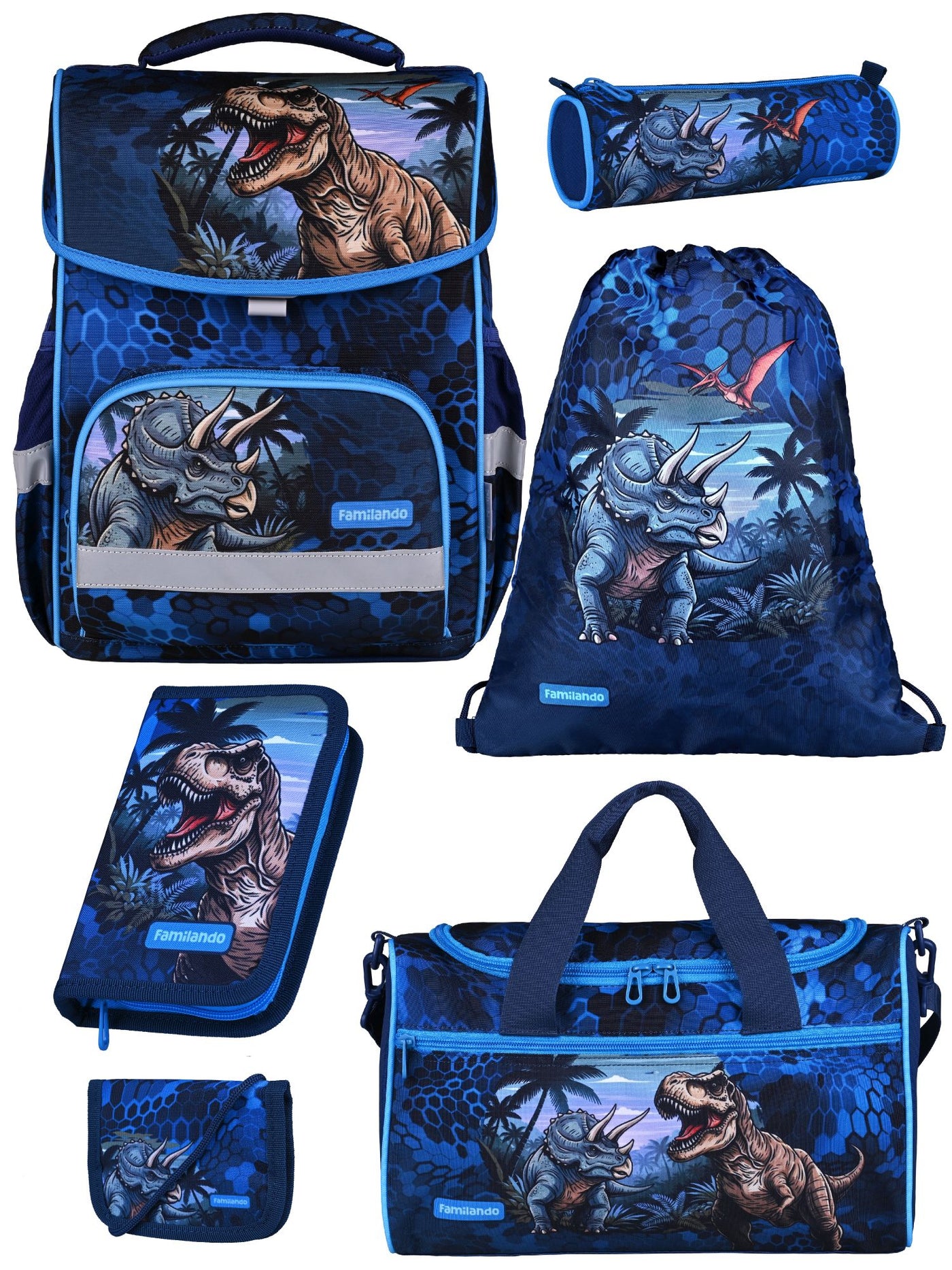 Familando Basic-Plus Schulranzen-Set Dino, T-Rex blau - Dinosaurier Schultasche ab 1. Klasse