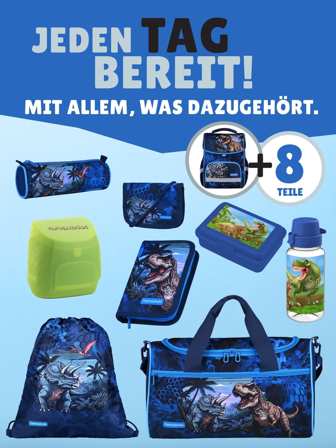 Familando Schulranzen-Set 9-teilig BASIC-PLUS Schultasche T-REX DINO ab der 1. Klasse