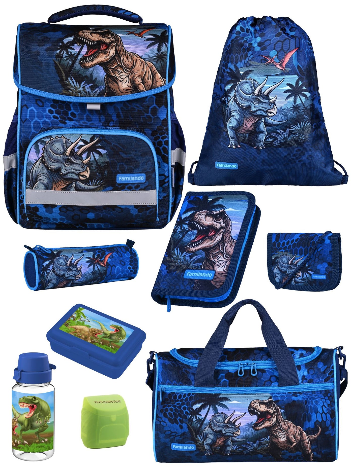 Familando Schulranzen-Set 9-teilig BASIC-PLUS Schultasche T-REX DINO ab der 1. Klasse