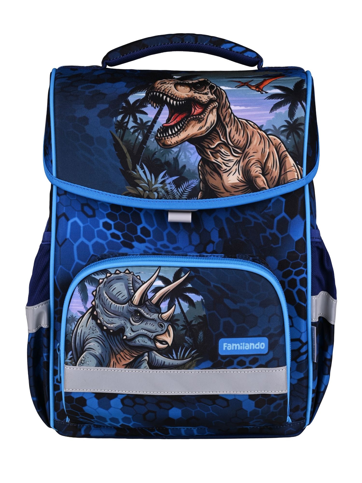 Familando Basic-Plus Schulranzen-Set Dino, T-Rex blau - Dinosaurier Schultasche ab 1. Klasse