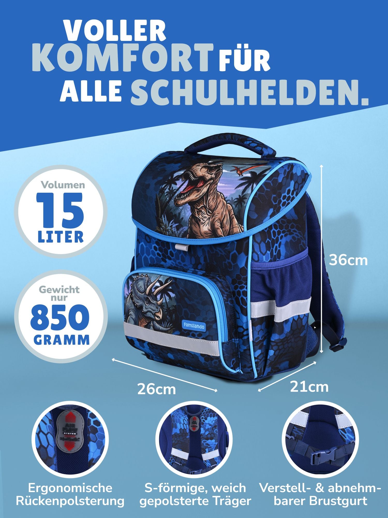 Familando Basic-Plus Schulranzen-Set Dino, T-Rex blau - Dinosaurier Schultasche ab 1. Klasse