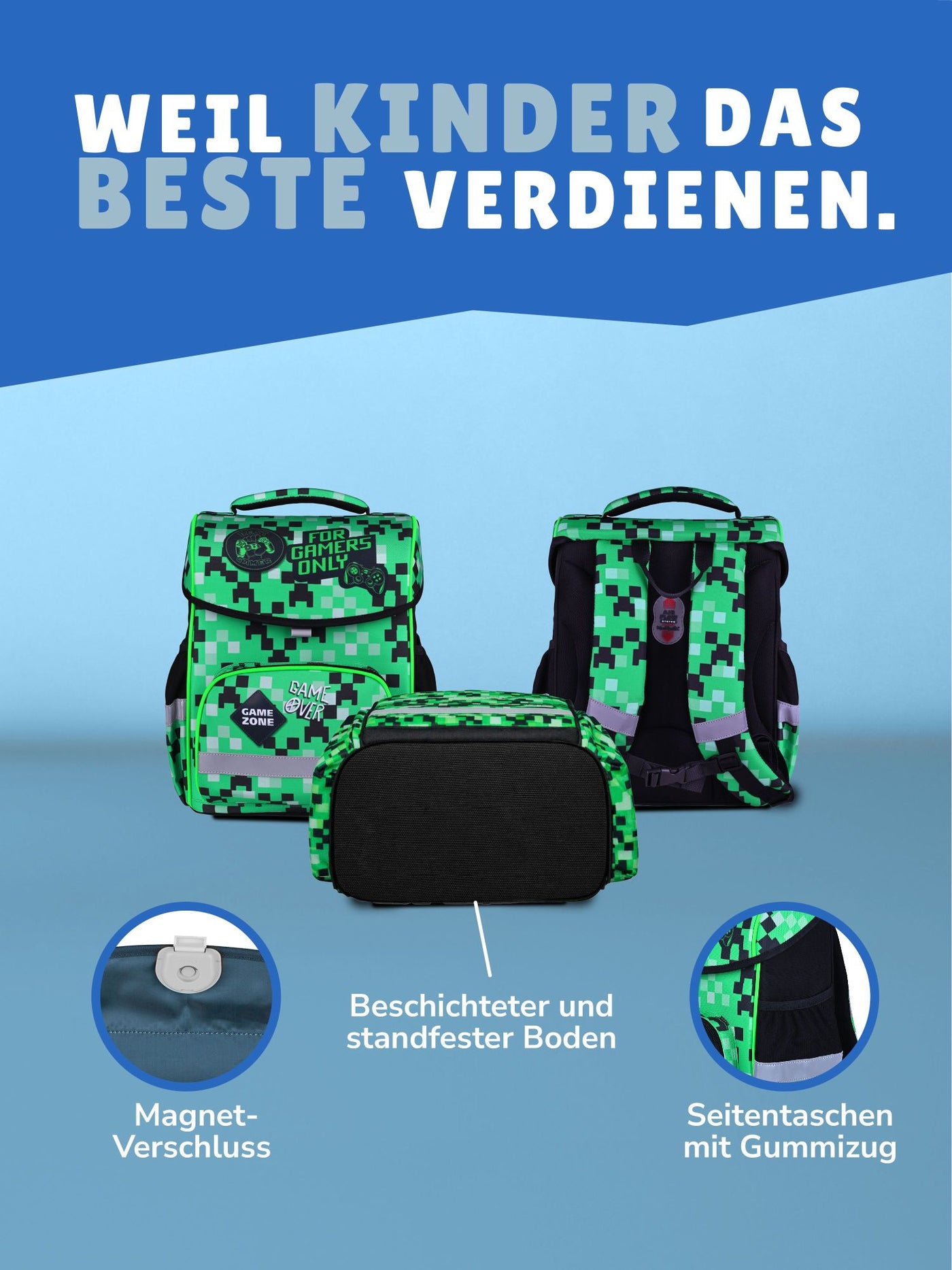 Familando Basic-Plus Schulranzen-Set Pixel, grün - Gamer Schultasche ab 1. Klasse