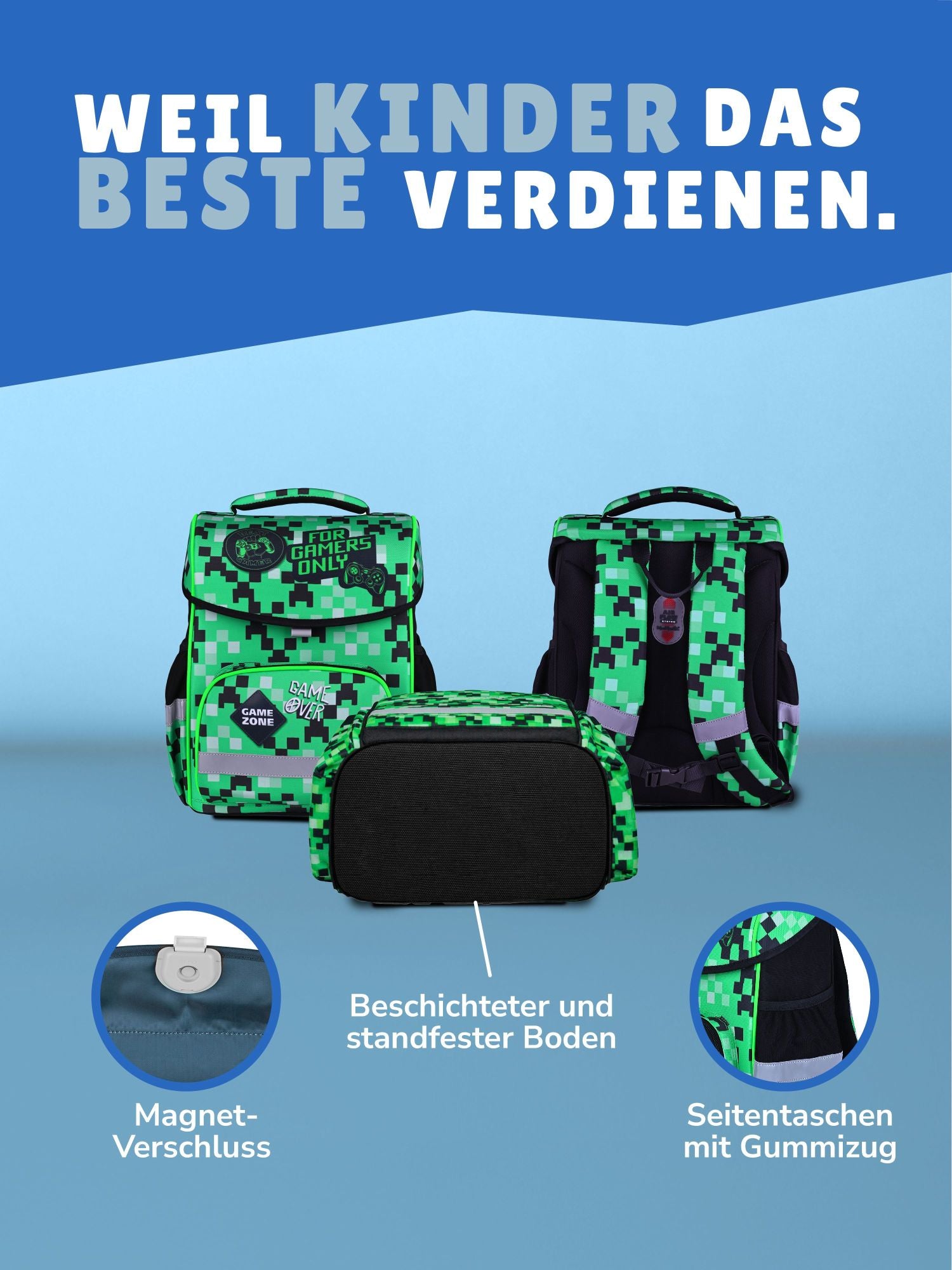 Familando Basic-Plus Schulranzen-Set Pixel, grün - Gamer Schultasche ab 1. Klasse