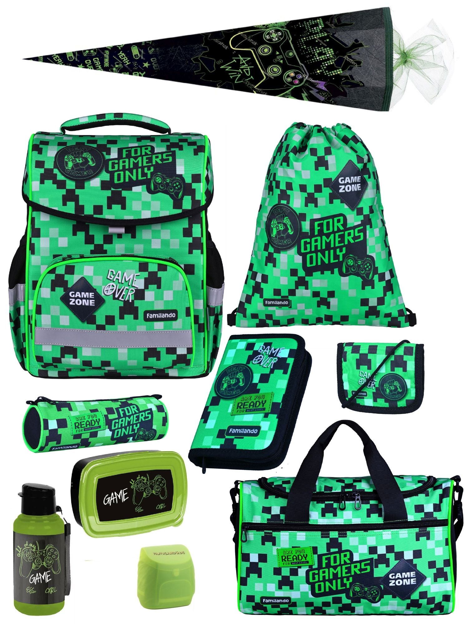 Familando Basic-Plus Schulranzen-Set Pixel, grün - Gamer Schultasche ab 1. Klasse