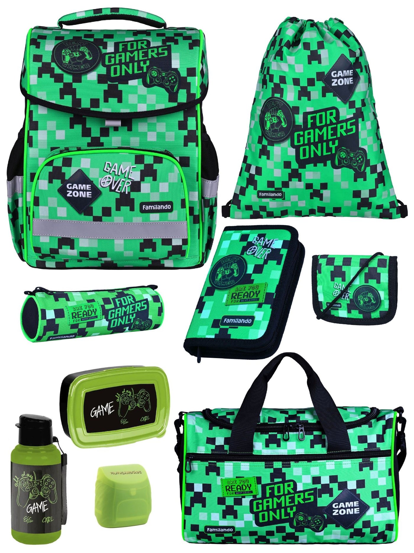 Familando Basic-Plus Schulranzen-Set Pixel, grün - Gamer Schultasche ab 1. Klasse