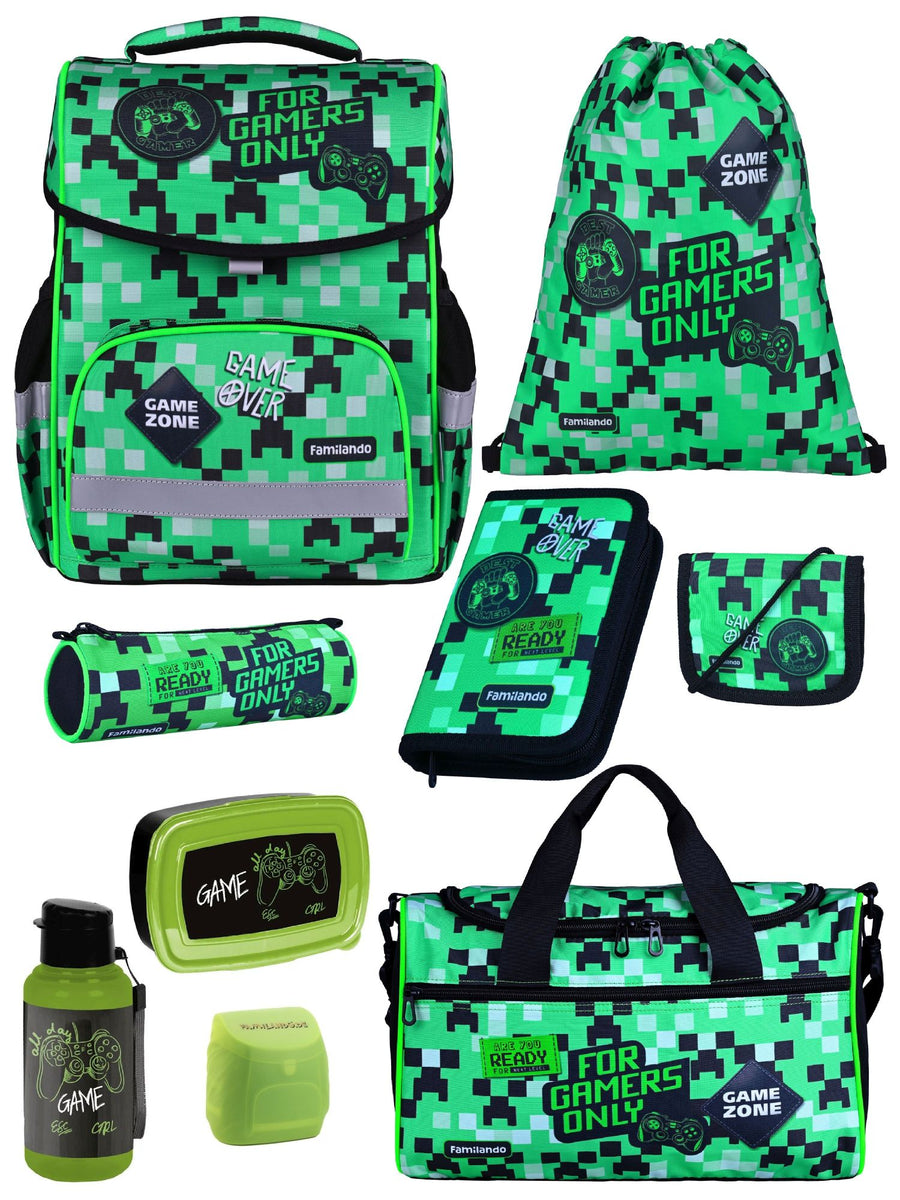 Familando Schulranzen-Set 9-teilig BASIC-PLUS Schultasche GAMER PIXEL ab der 1. Klasse