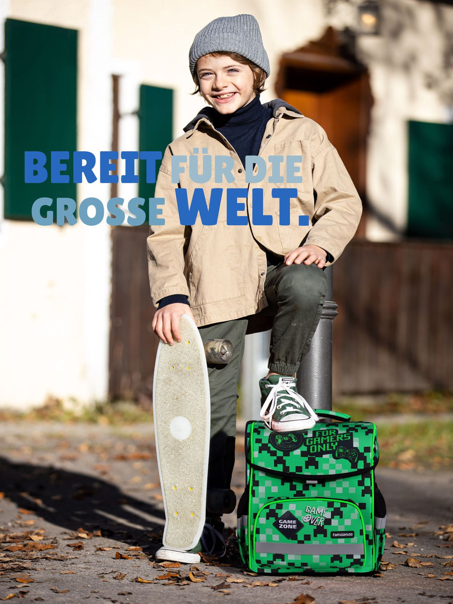 Familando Basic-Plus Schulranzen-Set Pixel, grün - Gamer Schultasche ab 1. Klasse