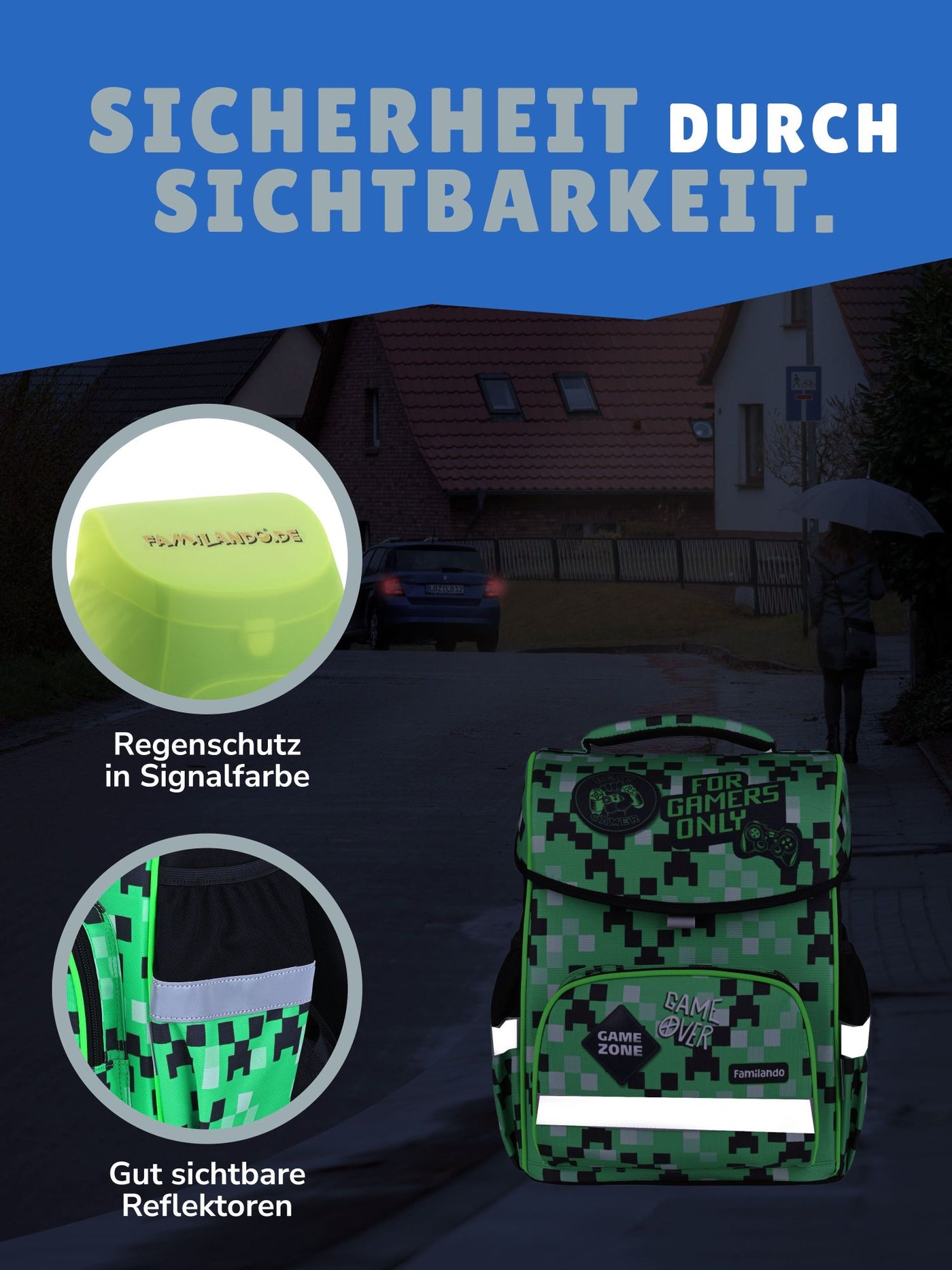 Familando Basic-Plus Schulranzen-Set Pixel, grün - Gamer Schultasche ab 1. Klasse