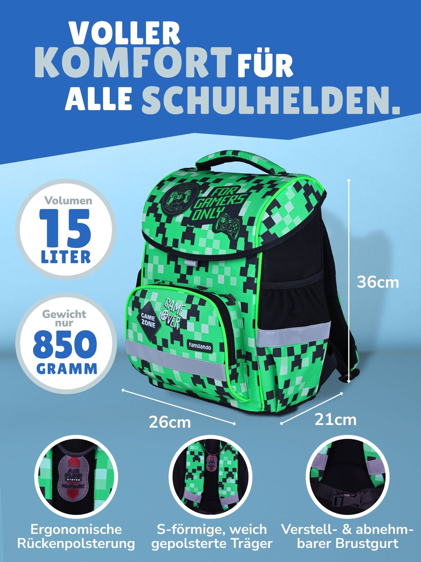Familando Basic-Plus Schulranzen-Set Pixel, grün - Gamer Schultasche ab 1. Klasse