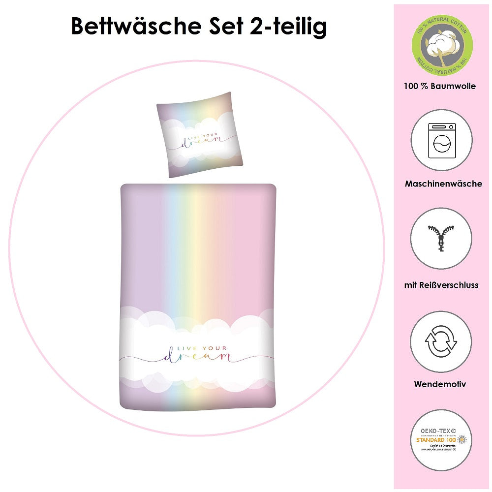 Kinder Bettwäsche 135x200 Bunte Farben mit Spruch zum Träumen