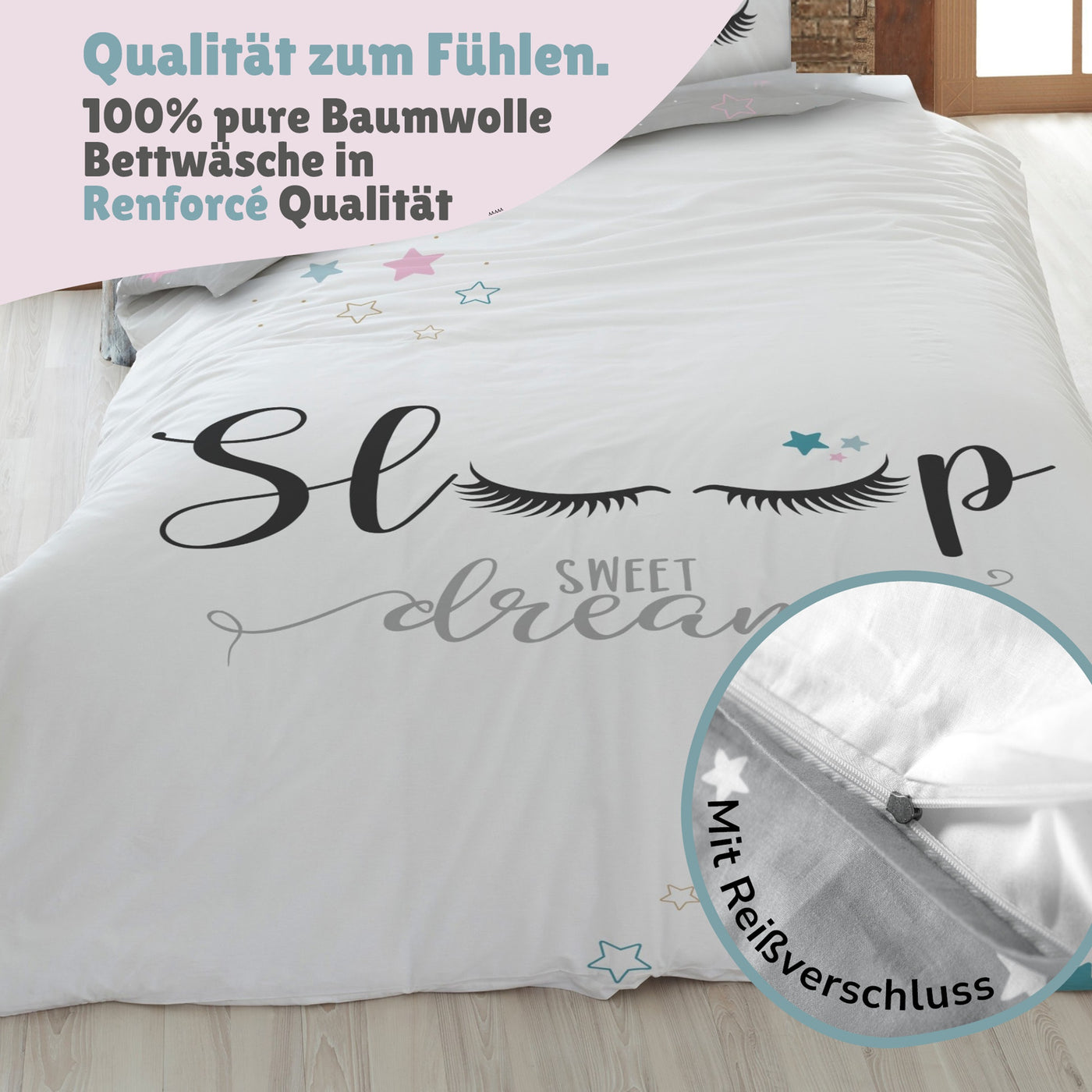 Infotafel Material und Waschhinweise der Bettwäsche aus 100% Baumwolle mit Reißverschluss 