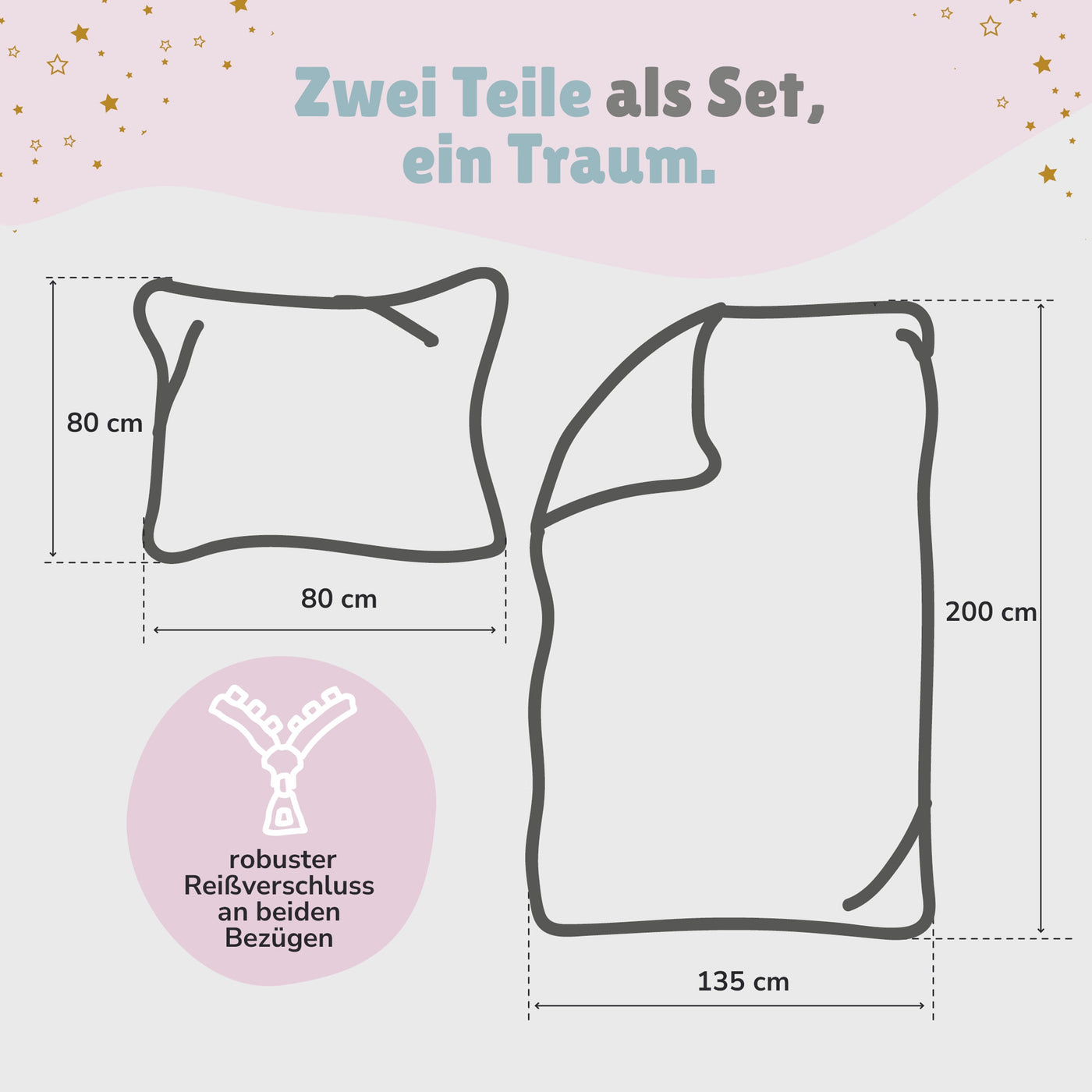 Bettwäsche Set 2-teilig 135x200 80x80 cm mit Wimpern und Sterne - Mädchenbettwäsche aus 100% Baumwolle mit Reißverschluss - Öko-Tex, atmungsaktiv
