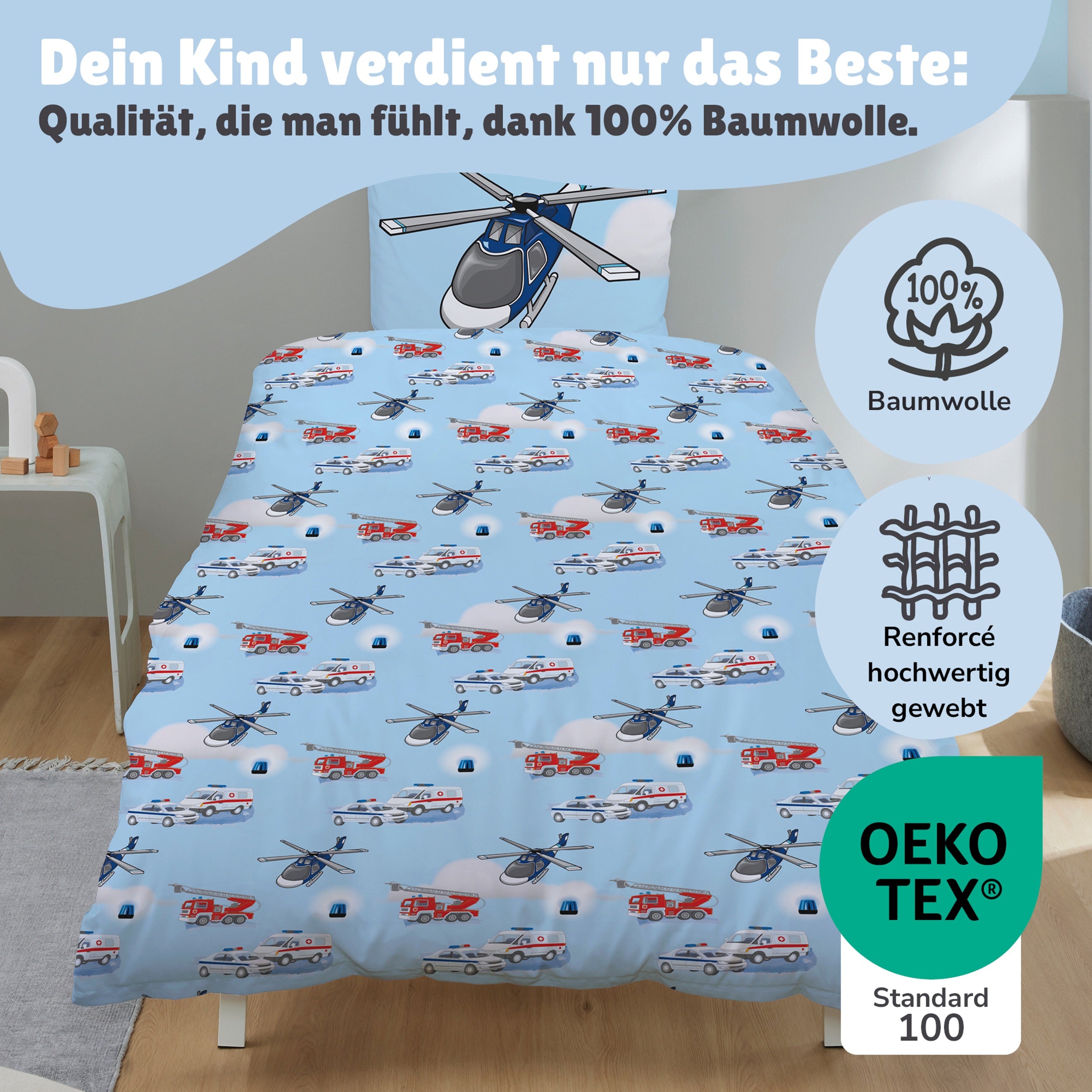 Vorderseite der Kinderbettwäsche mit Polizei und Feuerwehrauto + Helikopter auf Bett gezogen