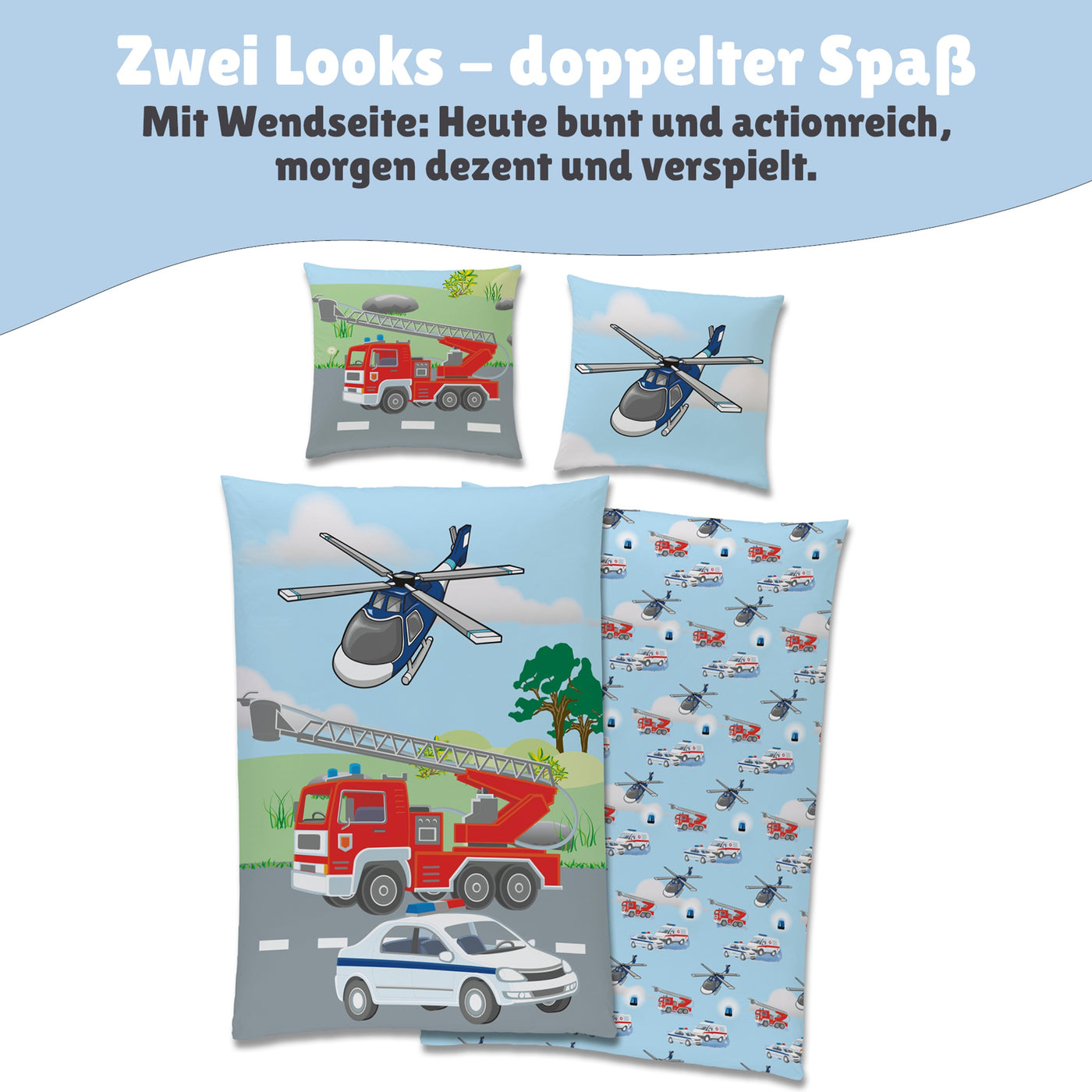 Vorder- und Rückseite nebeneinander - Rückseite mit Muster - Kissen mit Wendseite (Helikopter)