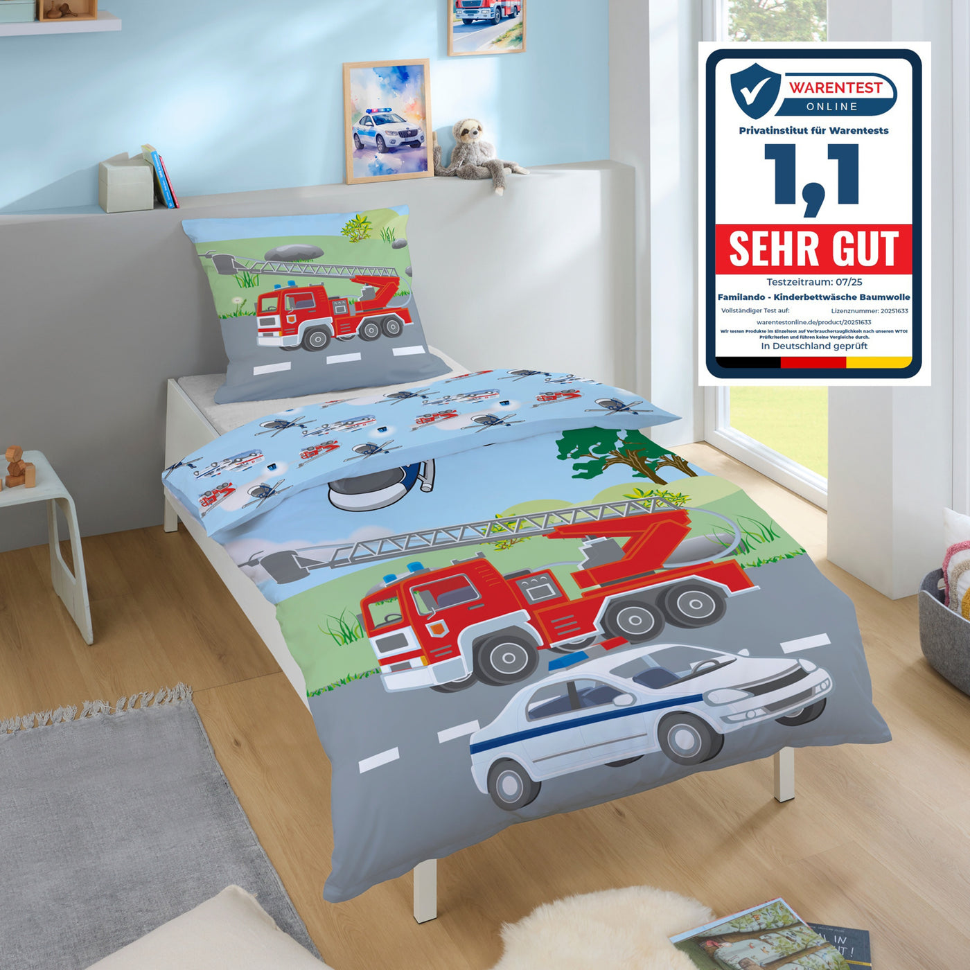 Polizei & Feuerwehr Bettwäsche Set 2-teilig 135x200 80x80 cm - Renforcé Bettwäsche aus 100% Baumwolle mit Reißverschluss - Öko-Tex zertifiziert