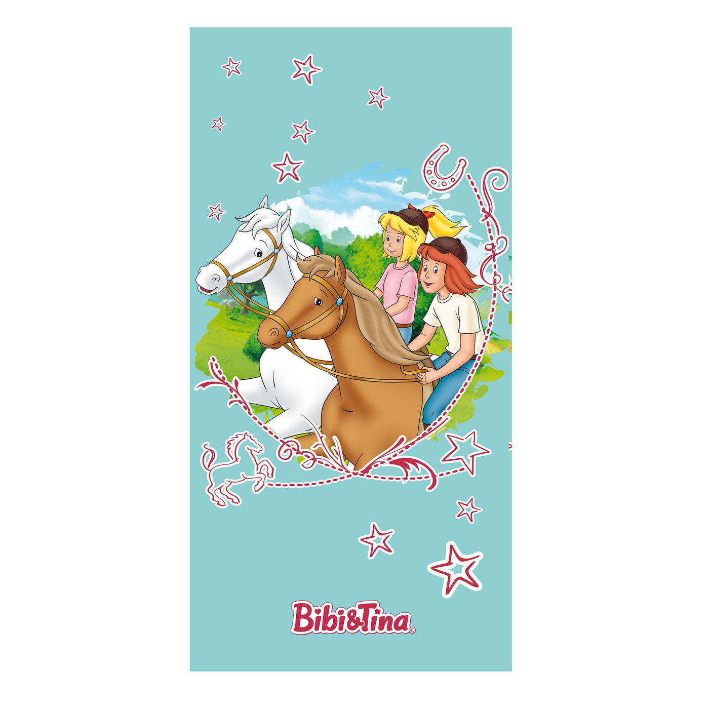 Bibi und Tina Strandtuch für Mädchen 75x150 cm großes Badetuch mit Pferden türkis Handtuch aus 100% Baumwolle