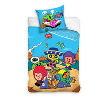 Bunte Blaue Brawl Stars Bettwäsche Vorderseite mit beliebten Charakteren mit EL Primo Poco Shelly Leon Colt und Spike beim Picknick