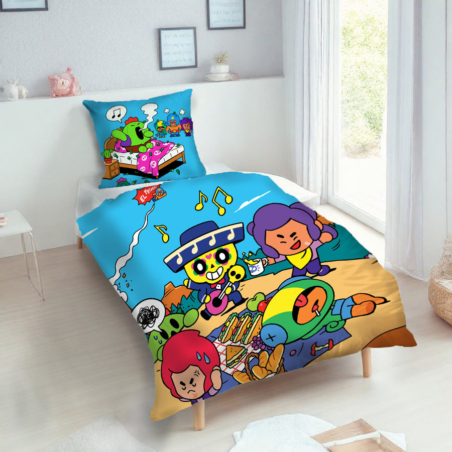 Bunte Blaue Brawl Stars Bettwäsche Vorderseite mit beliebten Charakteren mit EL Primo Poco Shelly Leon Colt und Spike beim Picknick