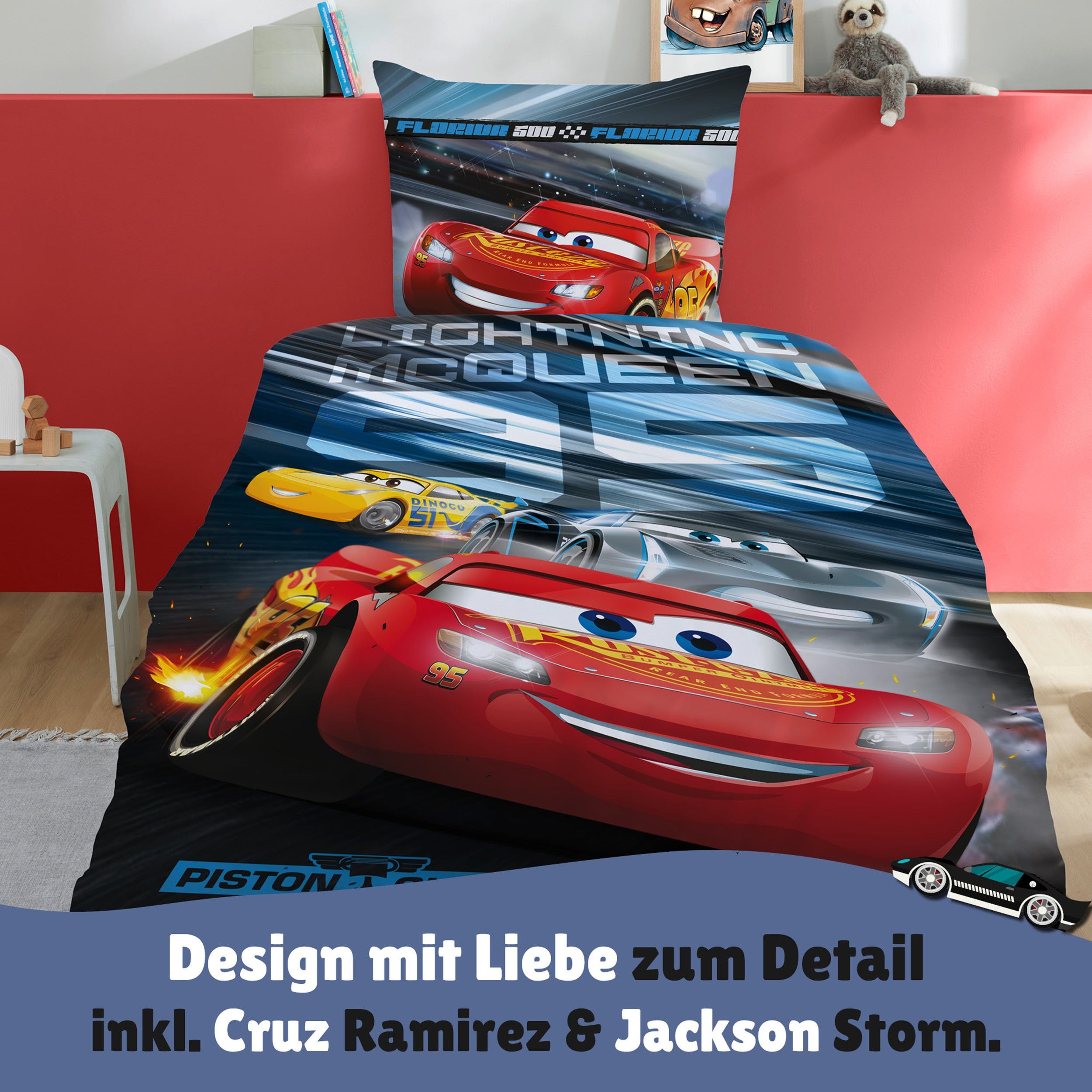 Detailansicht Vorderseite der Bettwäsche mit Lightning McQueen, Cruz Ramirez und Jackson Storm