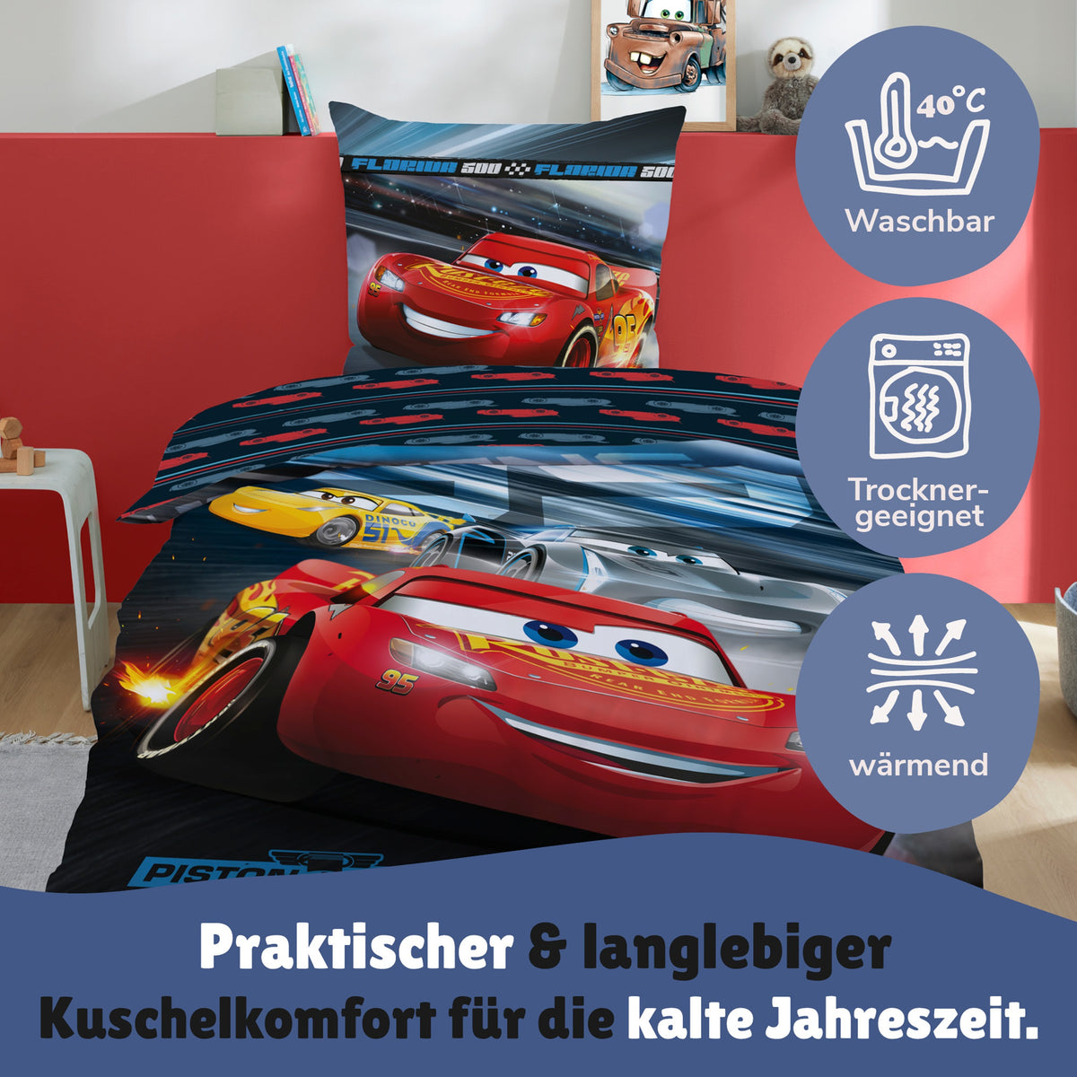 Infotafel Pflege Maschinenwäsche und Trocknergeeignet und Reißverschluss an der Bettwäsche