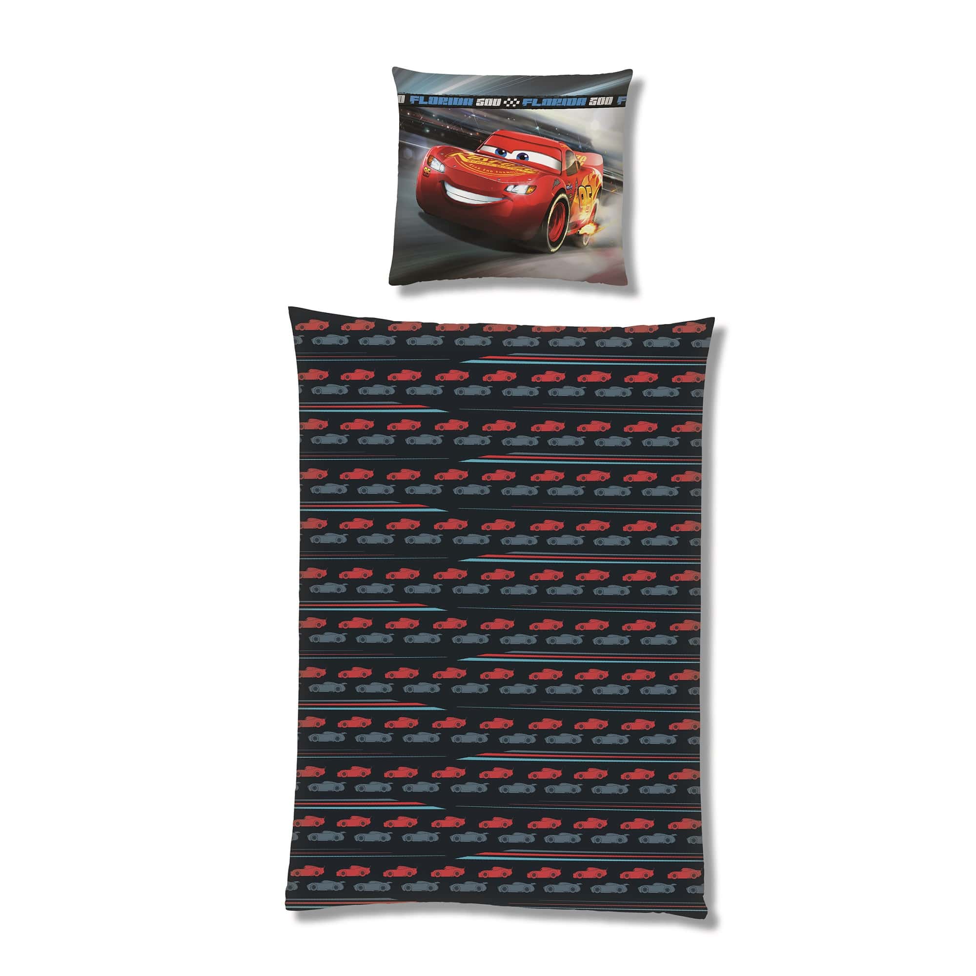 Disney Cars Auto Microfaser Bettwäsche 135x200 Rückseite mit vielen kleinen Auto-Symbolen in rot und blau