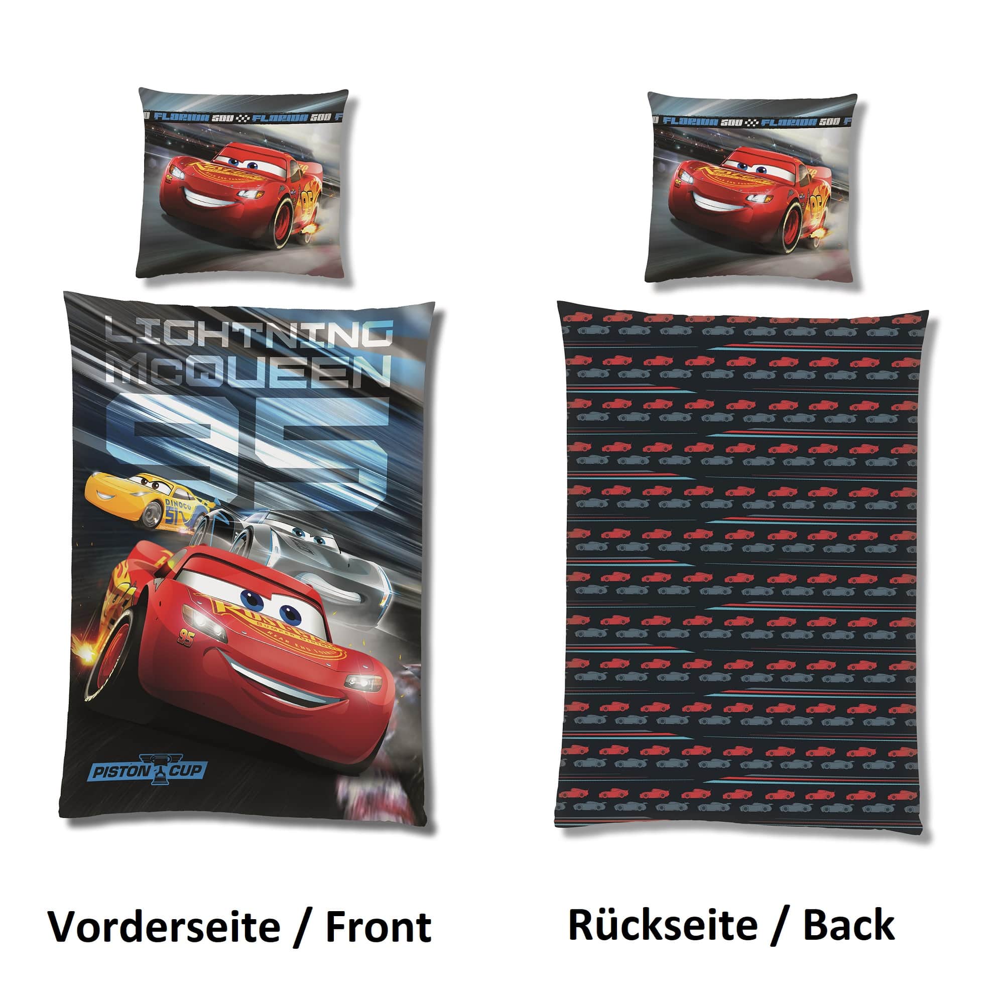 Disney Cars Auto Microfaser Bettwäsche 135x200 mit Wendemotiv Seiten nebeneinander Einzeln