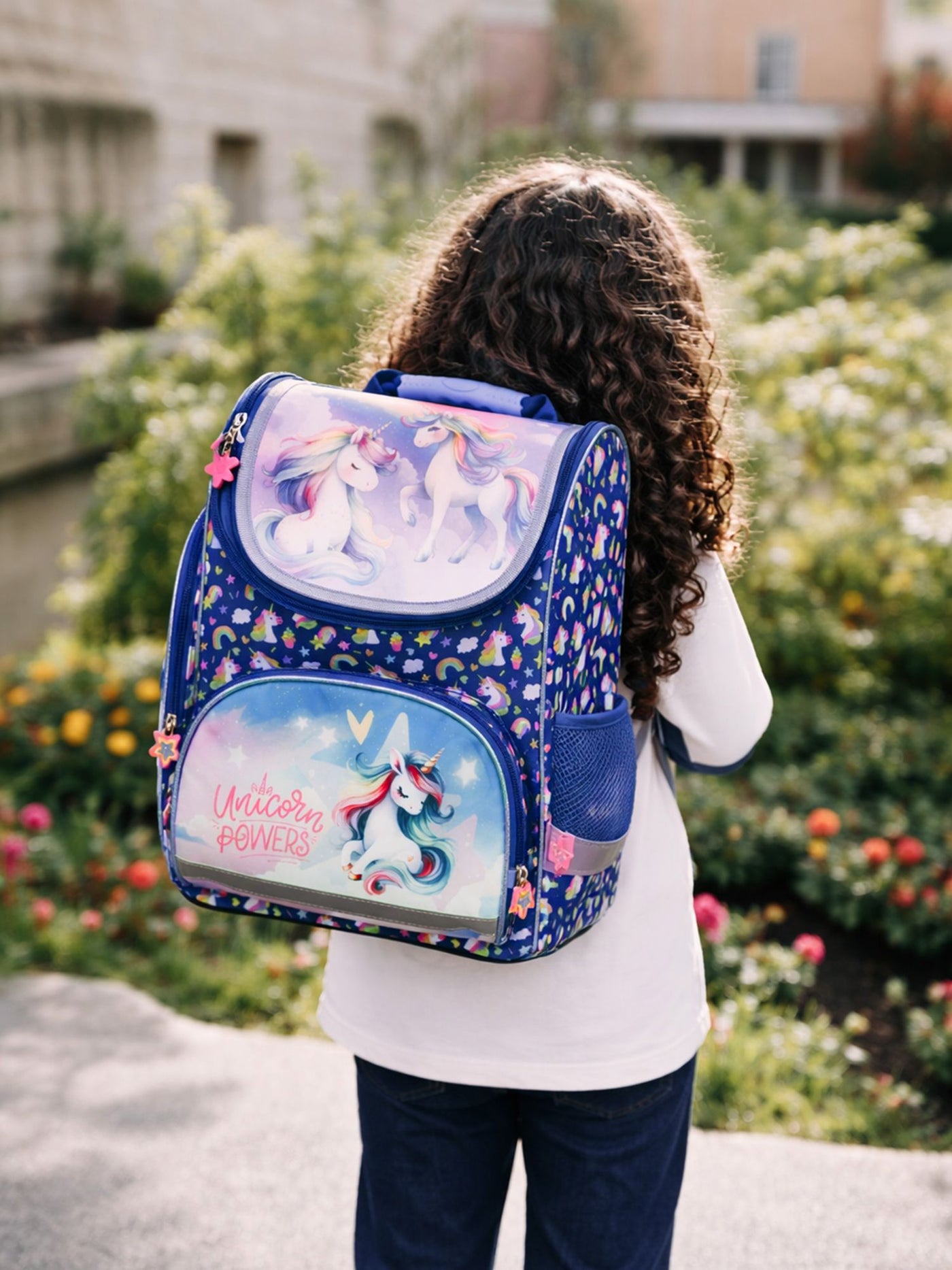 Familando Export Schulranzen Set Einhorn, Unicorn Power, blau rosa - Schultasche ab. 1 Klasse