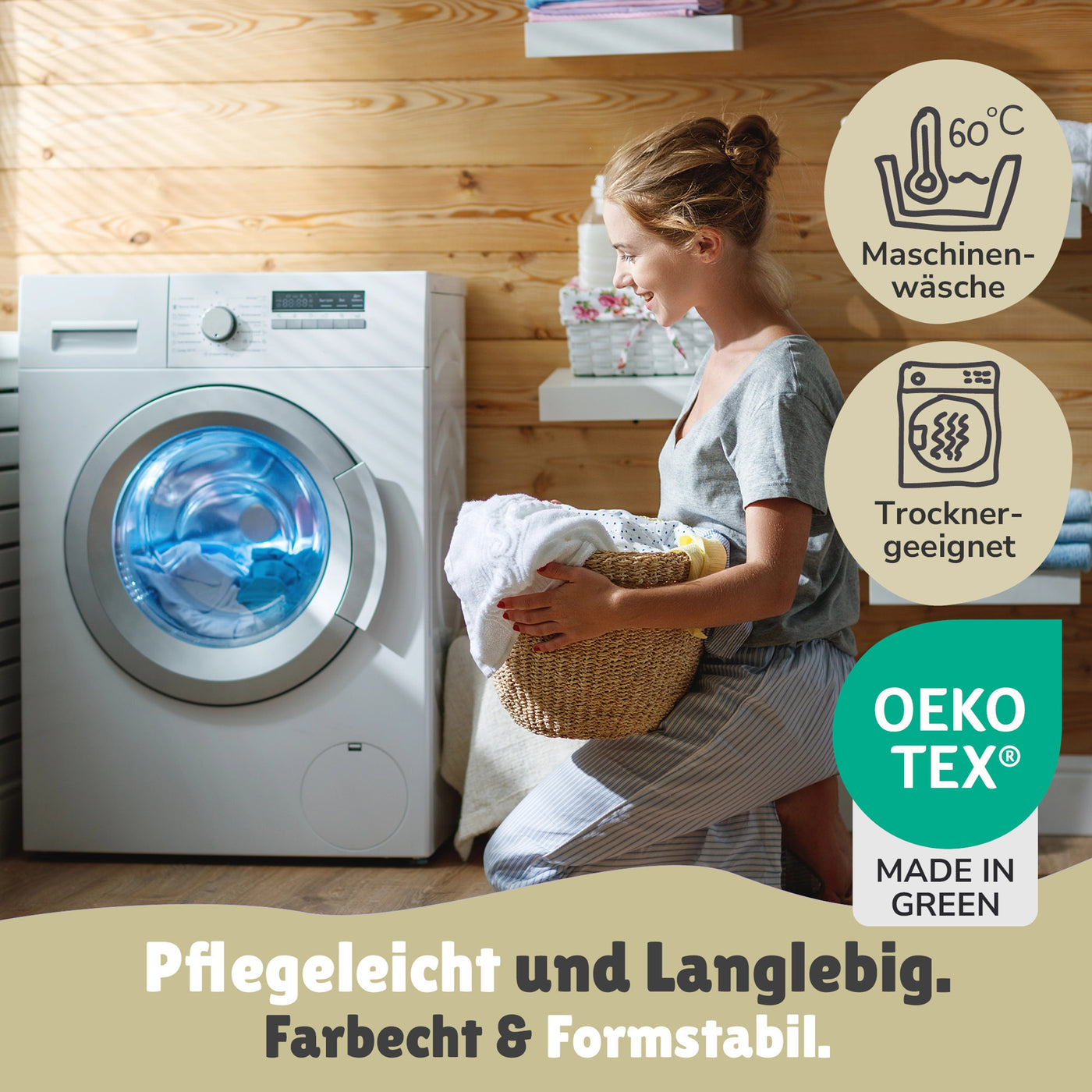 Eine junge attraktive Frau kniet in der Waschküche - Infos zur Bettwäsche 60°C Waschbar, trocknergeeignet, Ökotex Made in Green