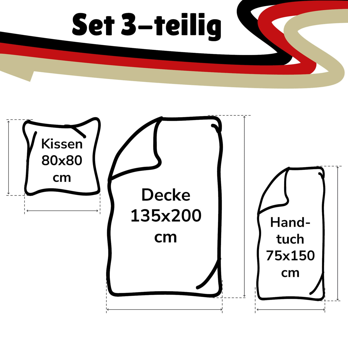 Infotafel Größe und Lieferumfang des 3-teiligen Sets - Handtuch in 75x150 cm Bettwäsche Set in 135x200 + 80x80 cm