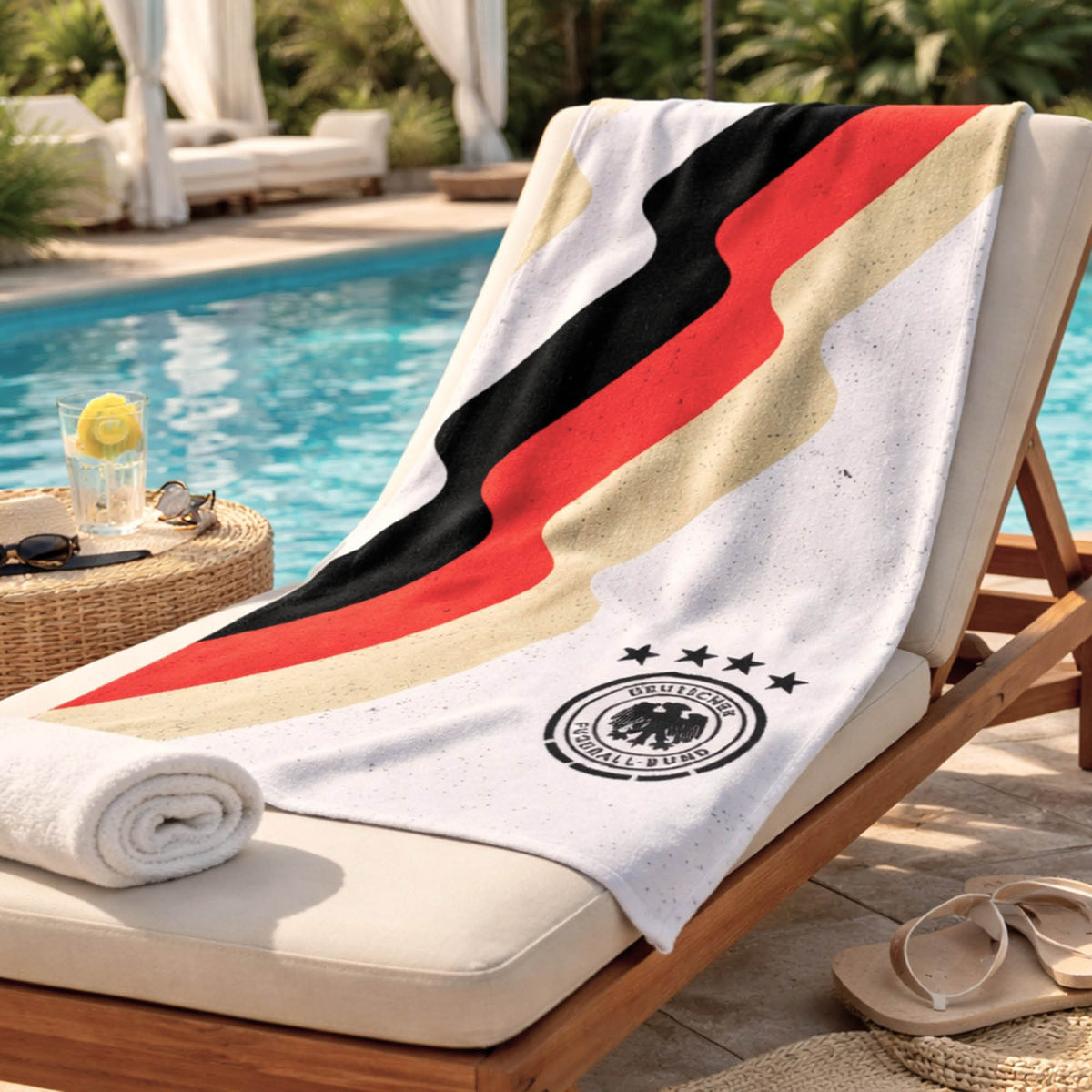 Weißes DFB Handtuch mit schwarz rot gold Streifen liegt auf Liege am Pool
