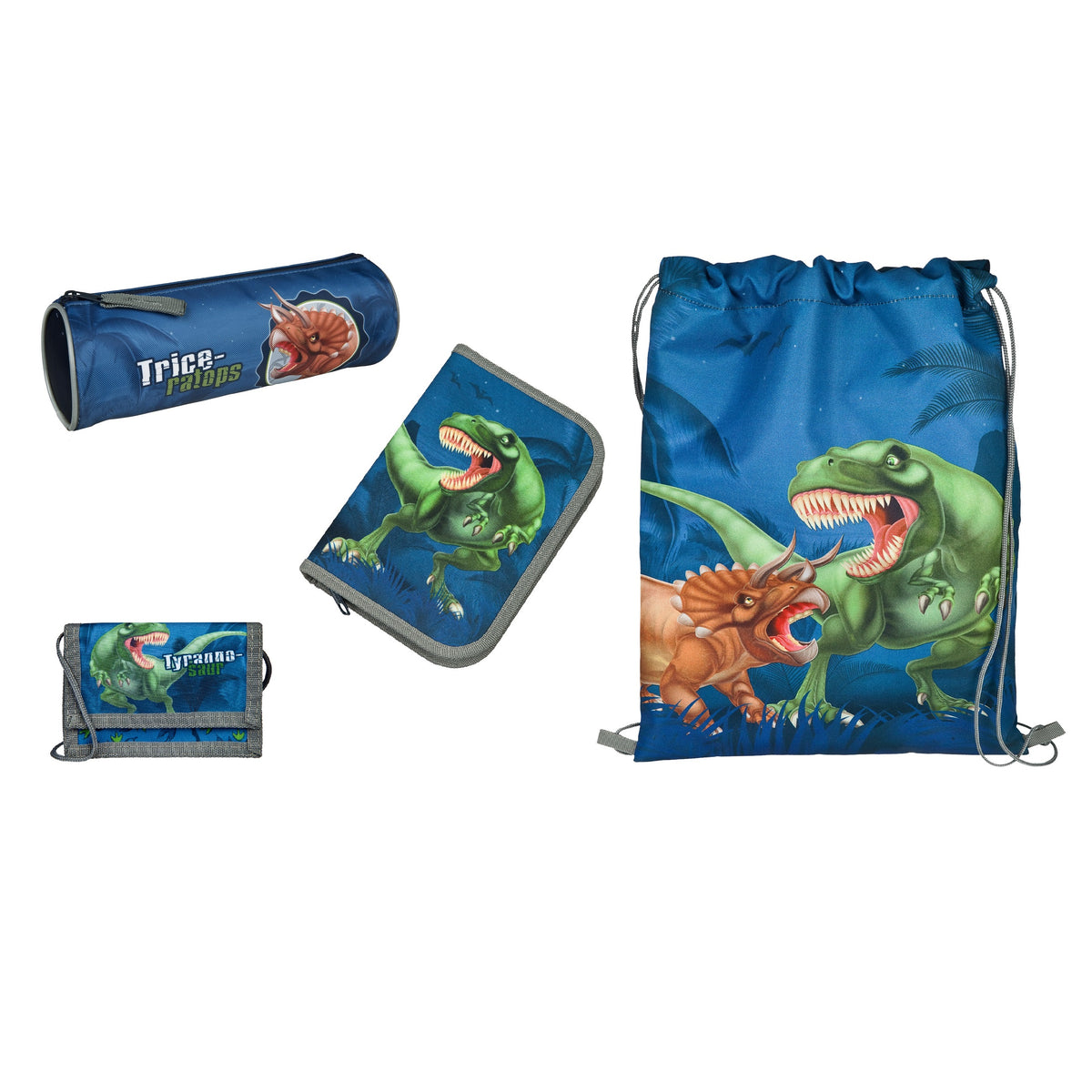 Schulzubehör Set 4 teilig mit Dino Motiv in blau
