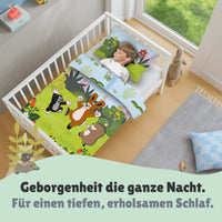 Infotafel Material und Waschhinweise der Babybettwäscher aus 100% Baumwolle mit Reißverschluss