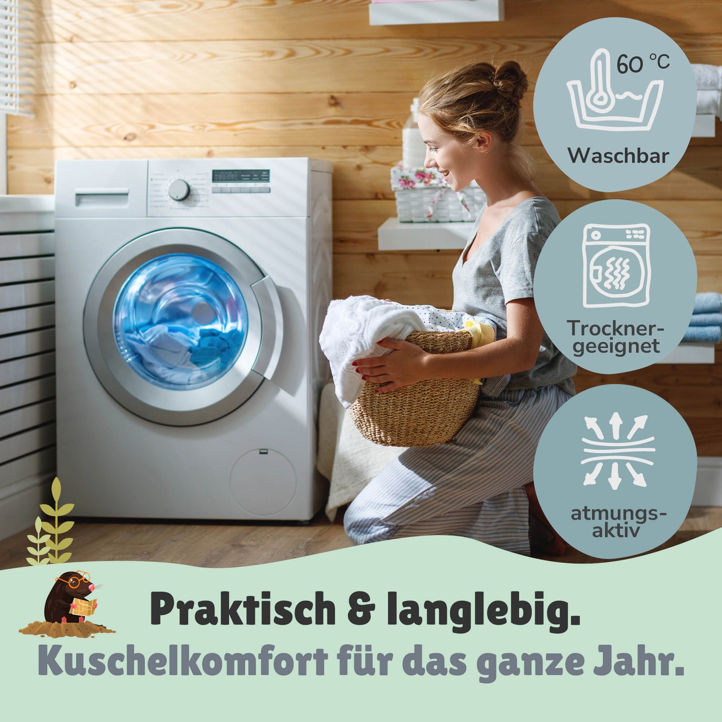 Detailansicht Deckenbezug Vorderseite mit Hase Igel Maulwurf tanzend im Kreis auf einer Wies