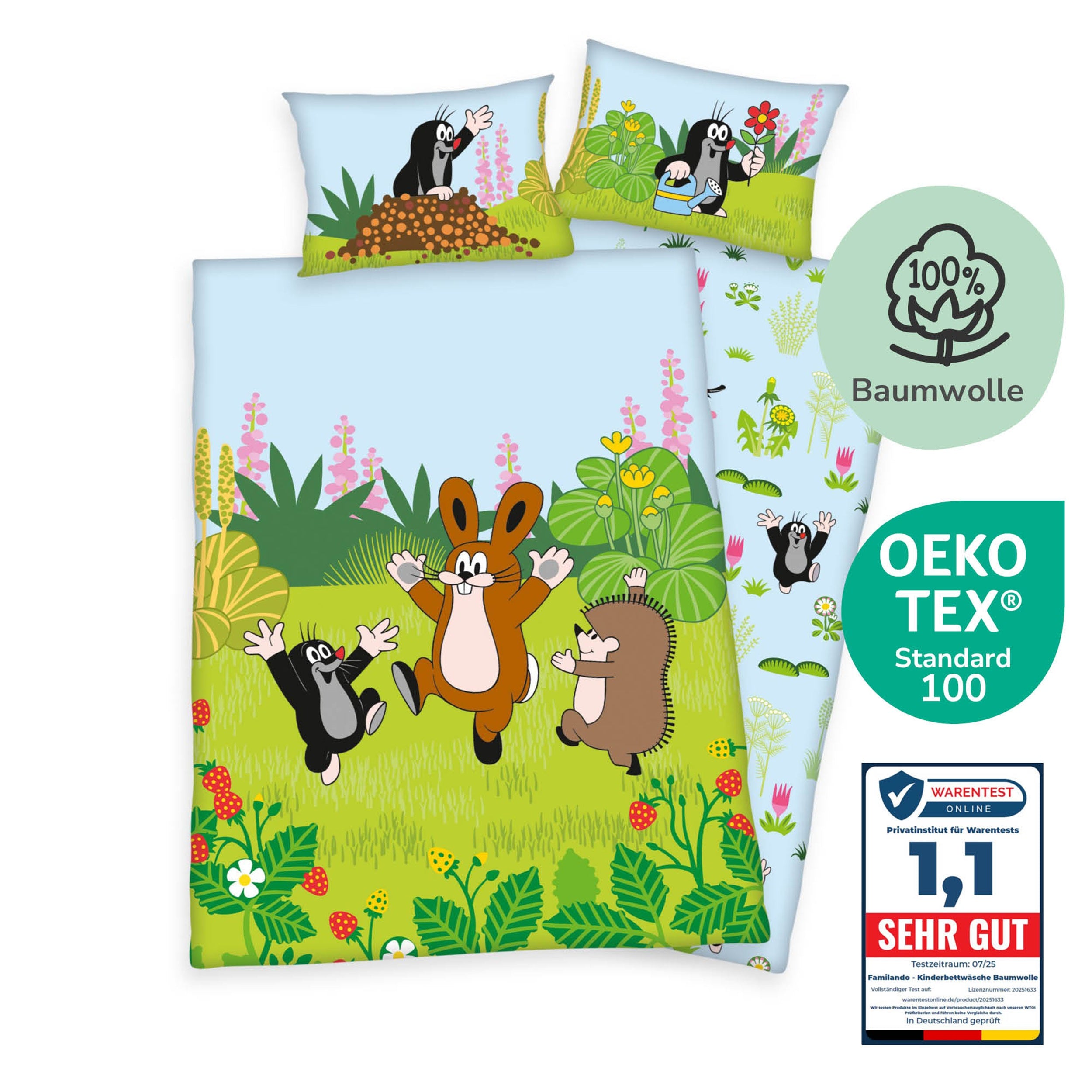 Vorder und Rückseite der Bettwäsche überlappend dargestellt mit Text beschriftet