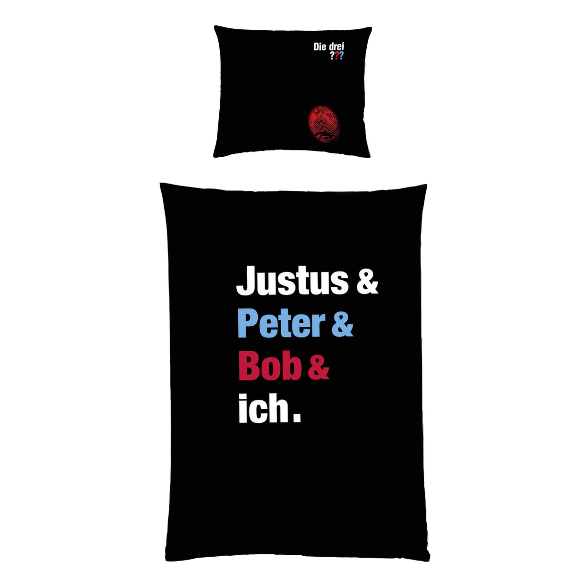Bettwäsche in schwarz von die drei ??? mit Schriftzug "Justus & Peter & Bob & ich."