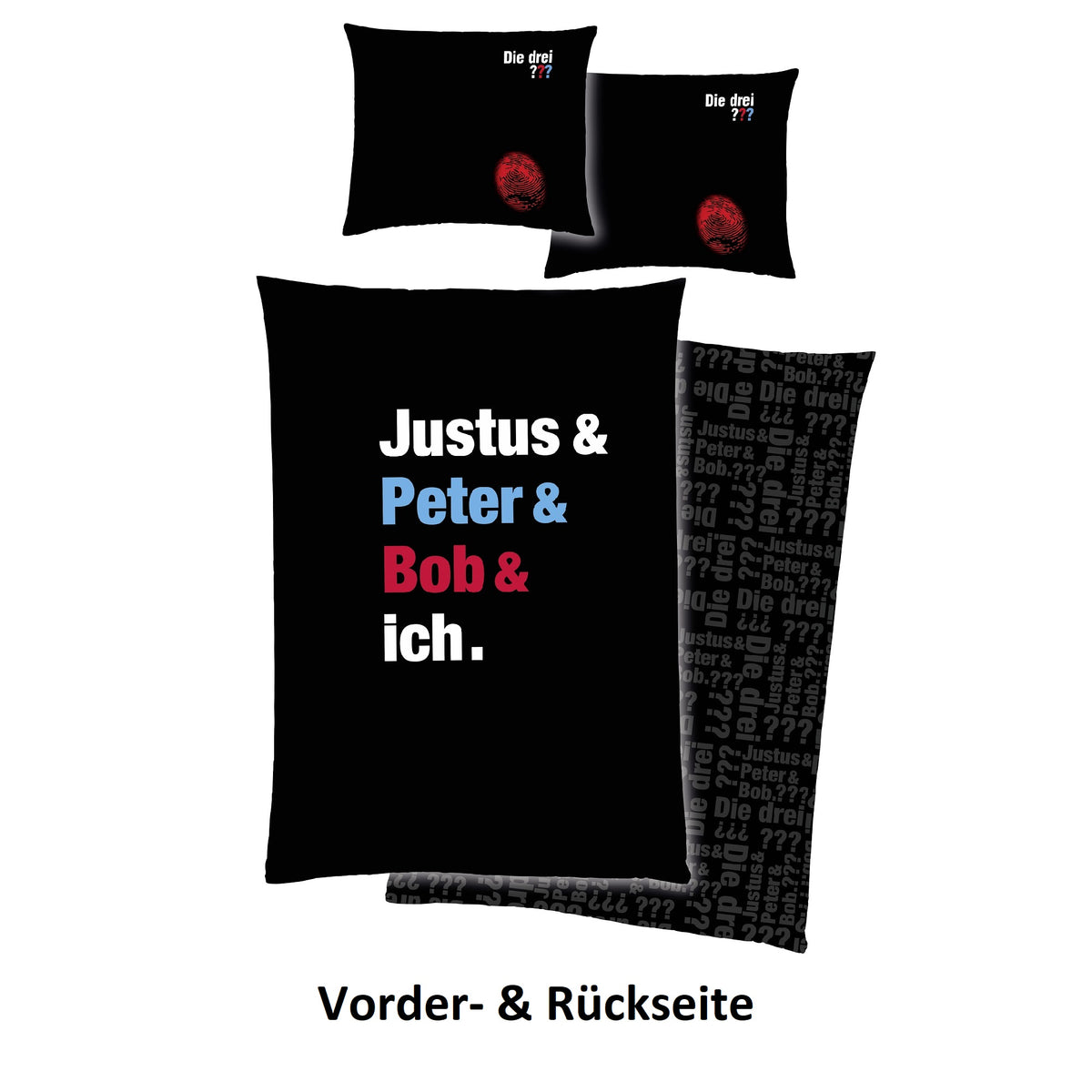 Die Drei ??? Bettwäsche mit Schriftzug auf Decke "Justus & Peter & Bob & ich." mit Wendeseite