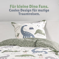 Detailansicht Kopfkissen weiß mit Dinos und Vulkanen