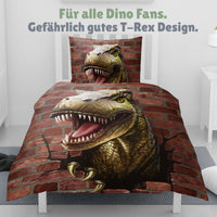 Detailansicht Vorderseite und Kissen mit T-Rex der durch Backsteinwand bricht