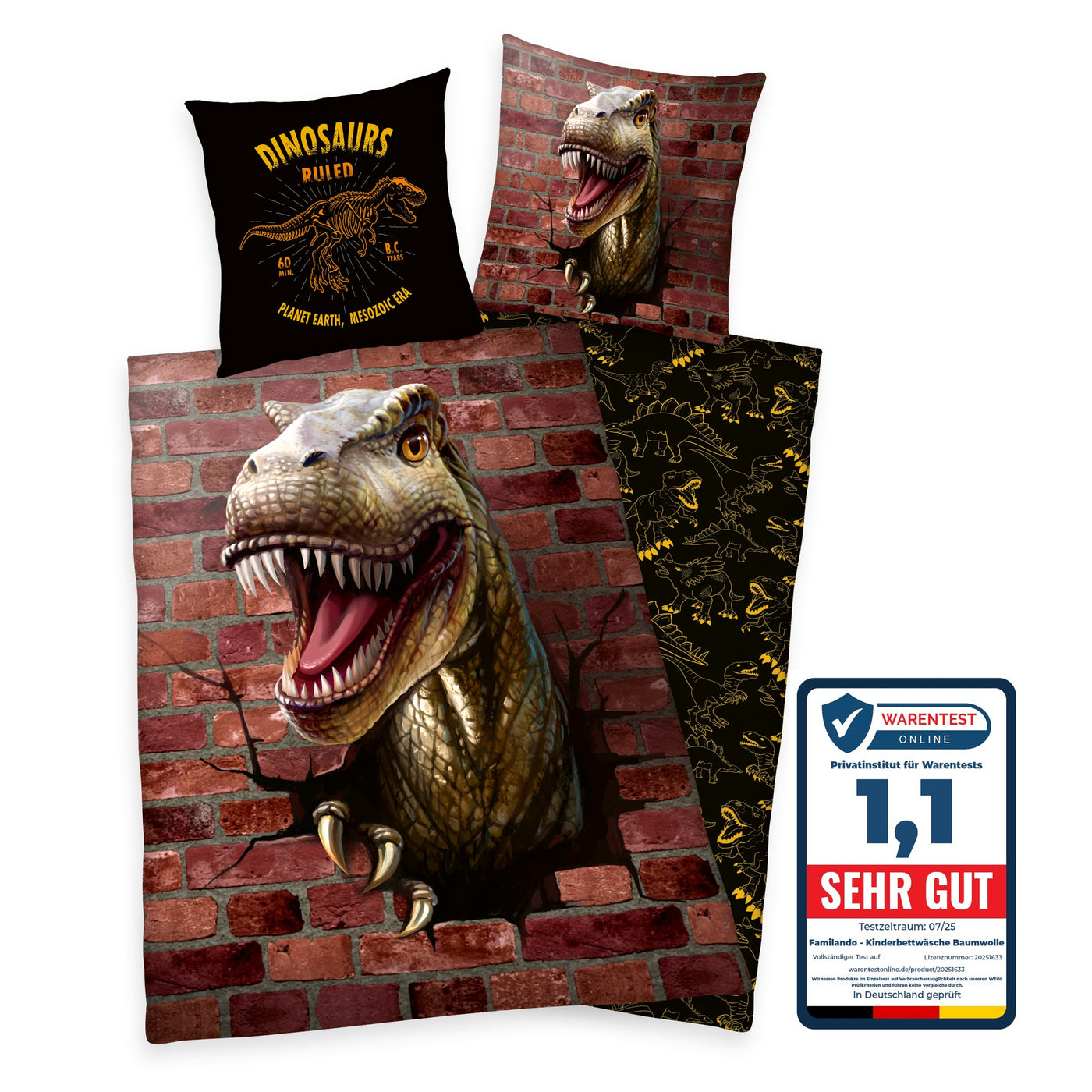 Infotafel Note 1,1 bei Warentest Online für Baumwoll Bettwäsche von Familando