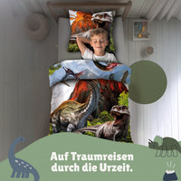 Junge schläft seelig lächelnd  Dino Bettwäsche in seinem Kinderzimmer